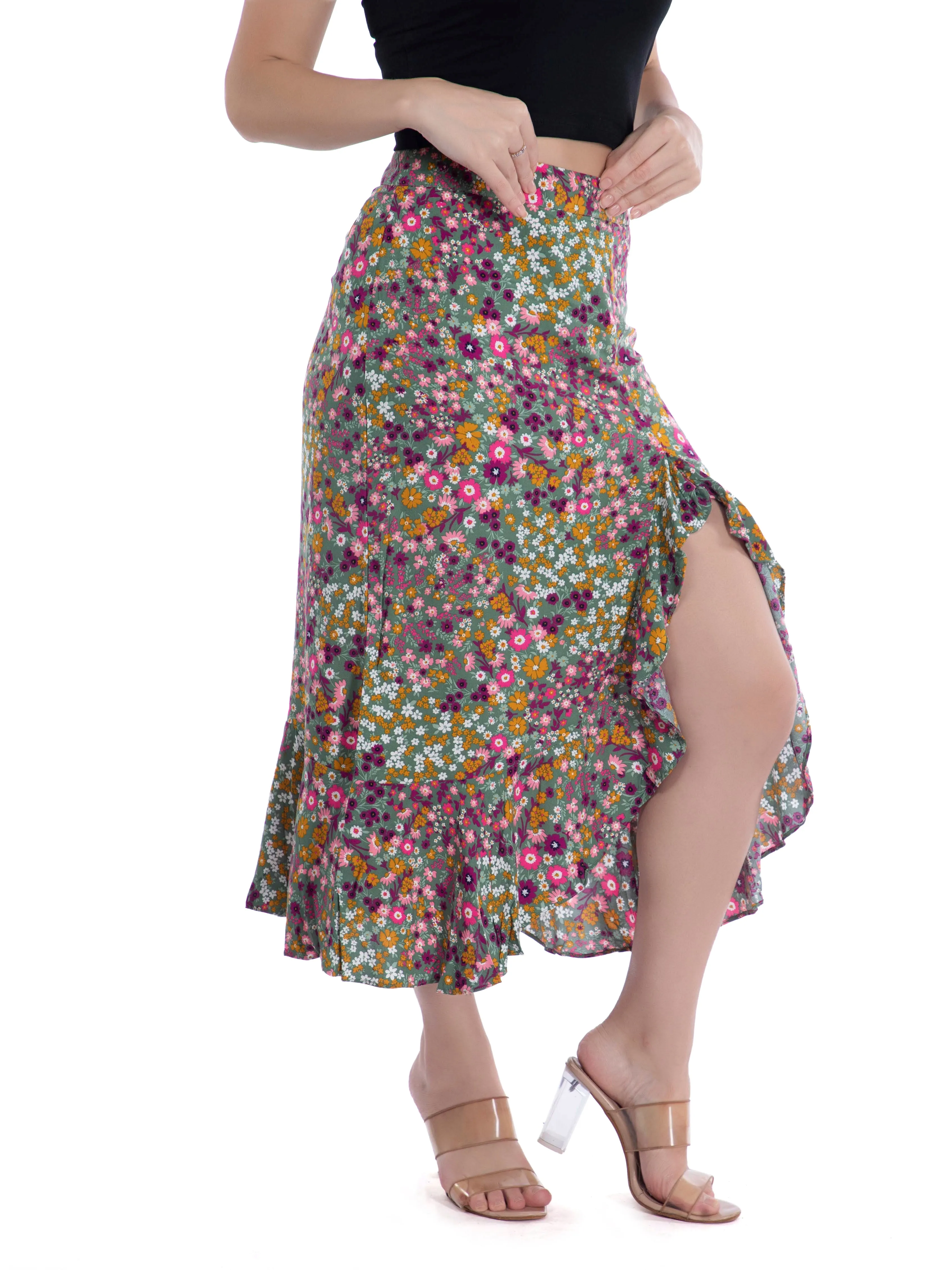 Green Floral Ruffled Summer Skirt French Theory