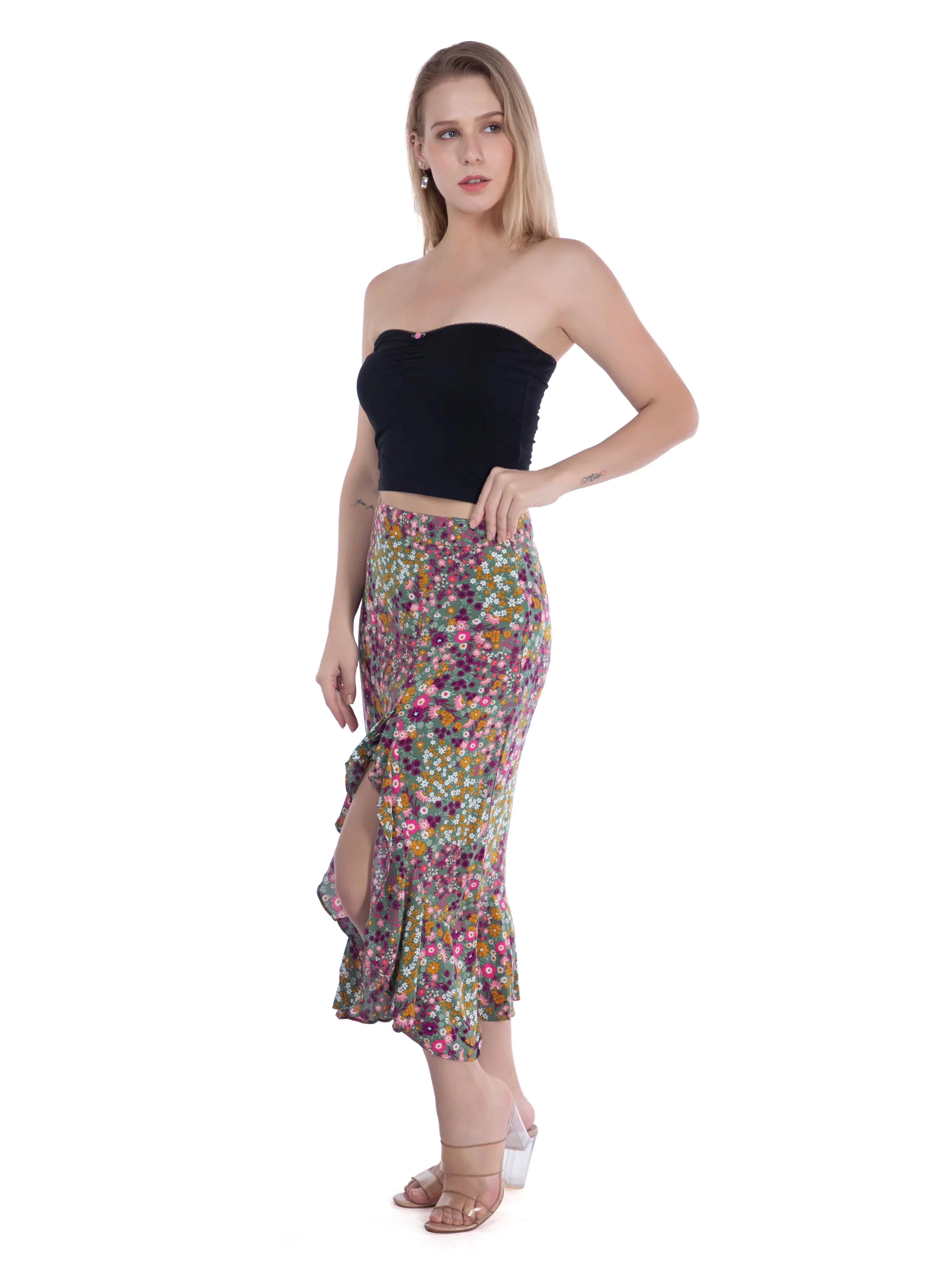 Green Floral Ruffled Summer Skirt French Theory