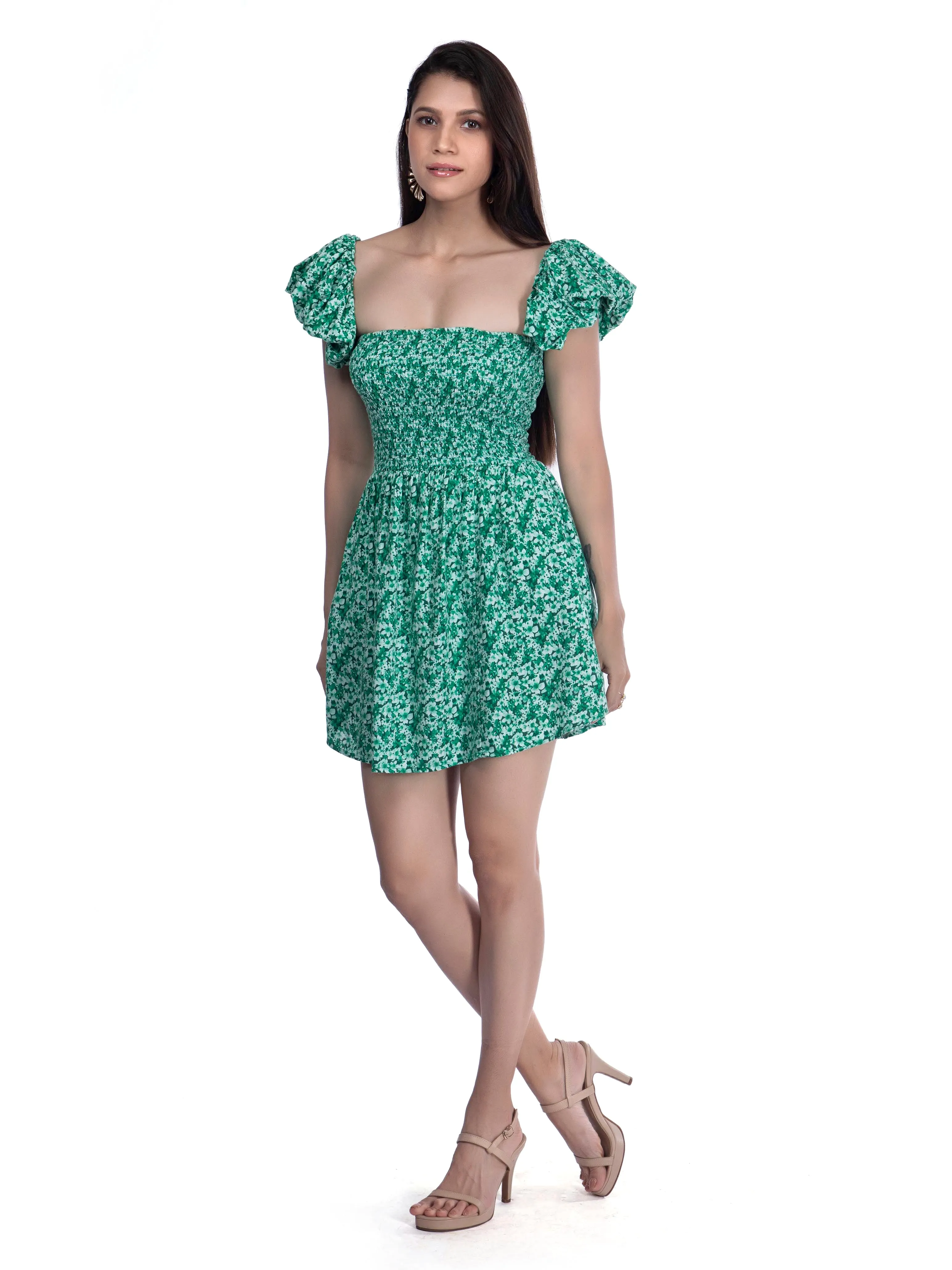 Green Printed Square neck Floral dress French Theory