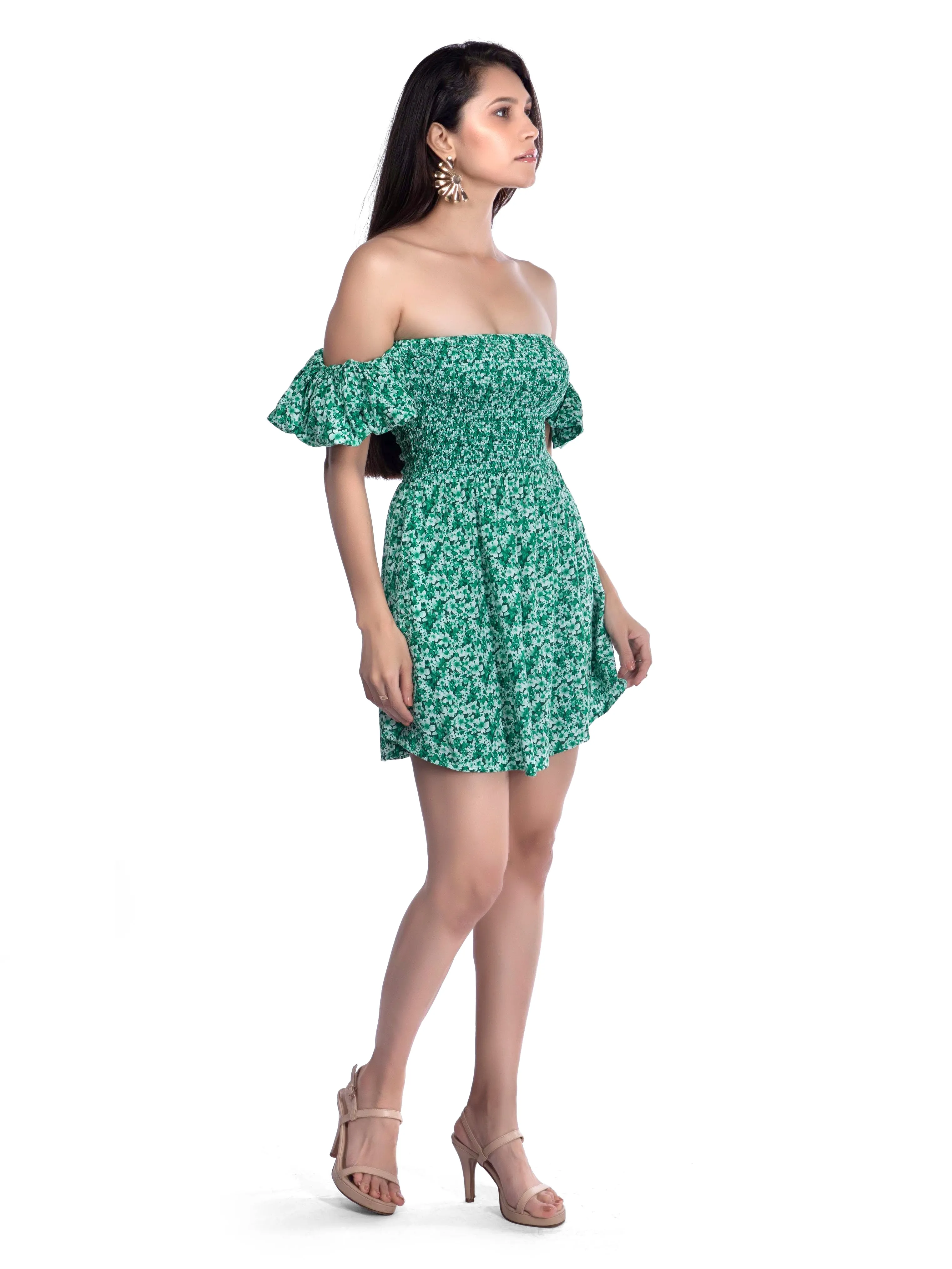 Green Printed Square neck Floral dress French Theory