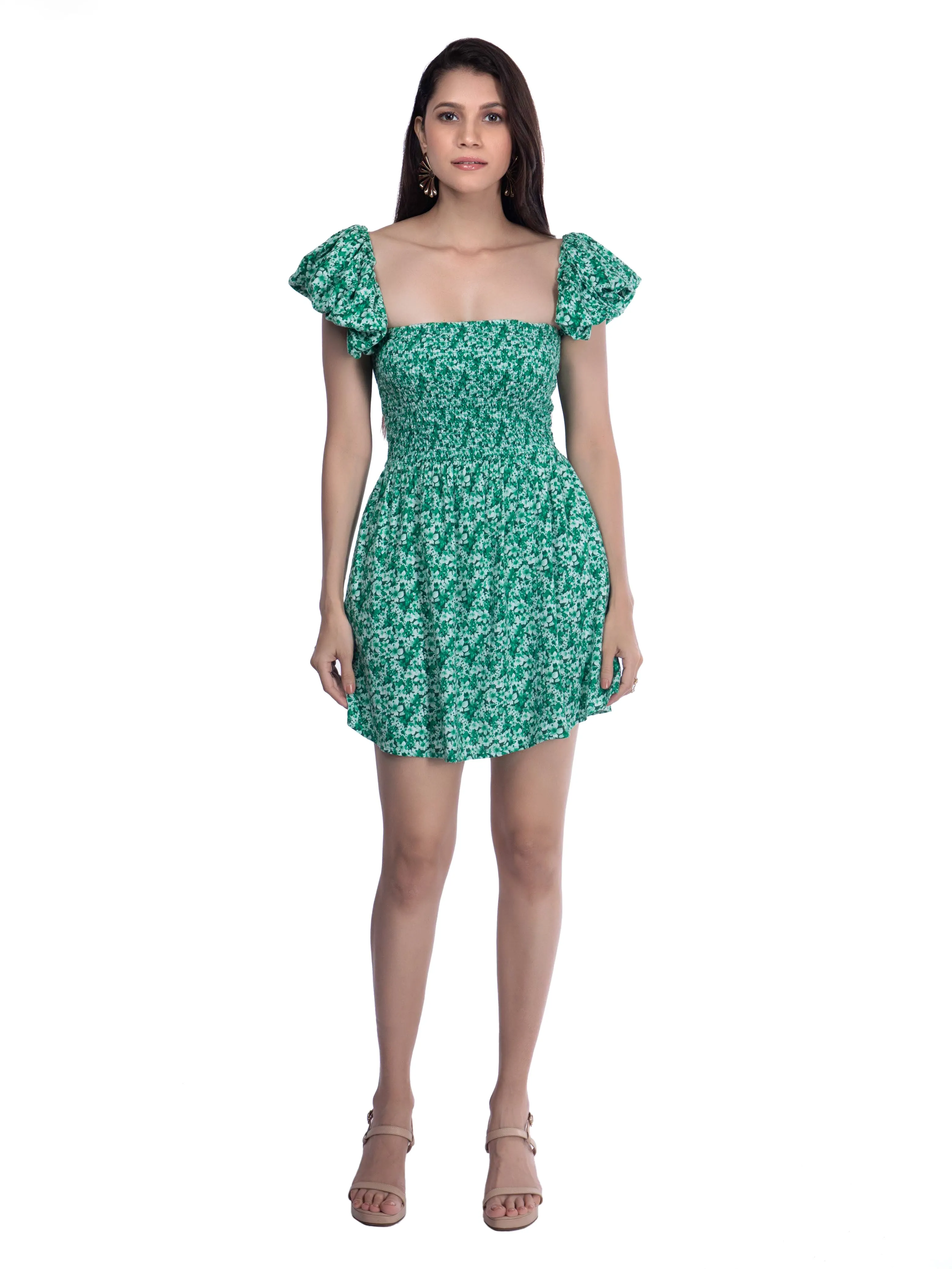 Green Printed Square neck Floral dress French Theory