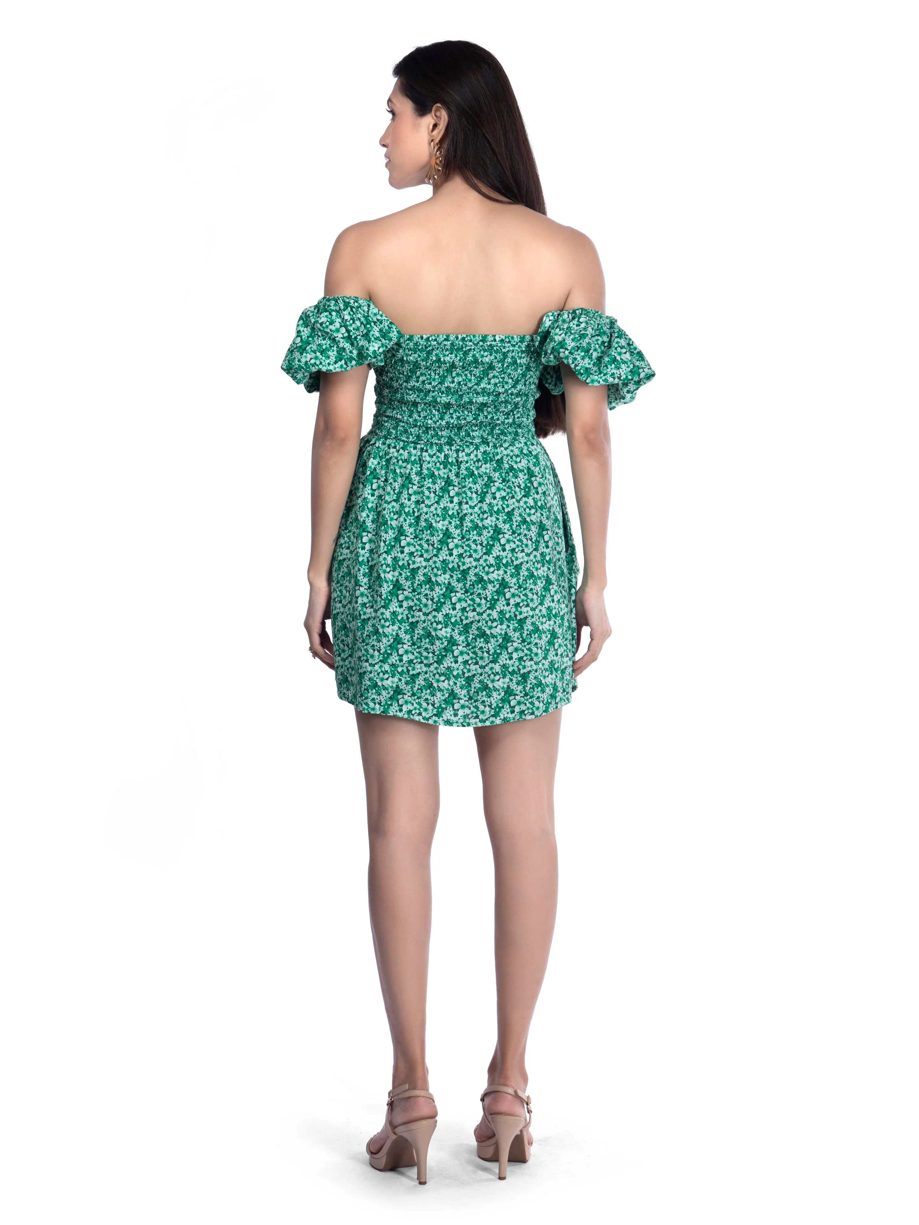 Green Printed Square neck Floral dress French Theory