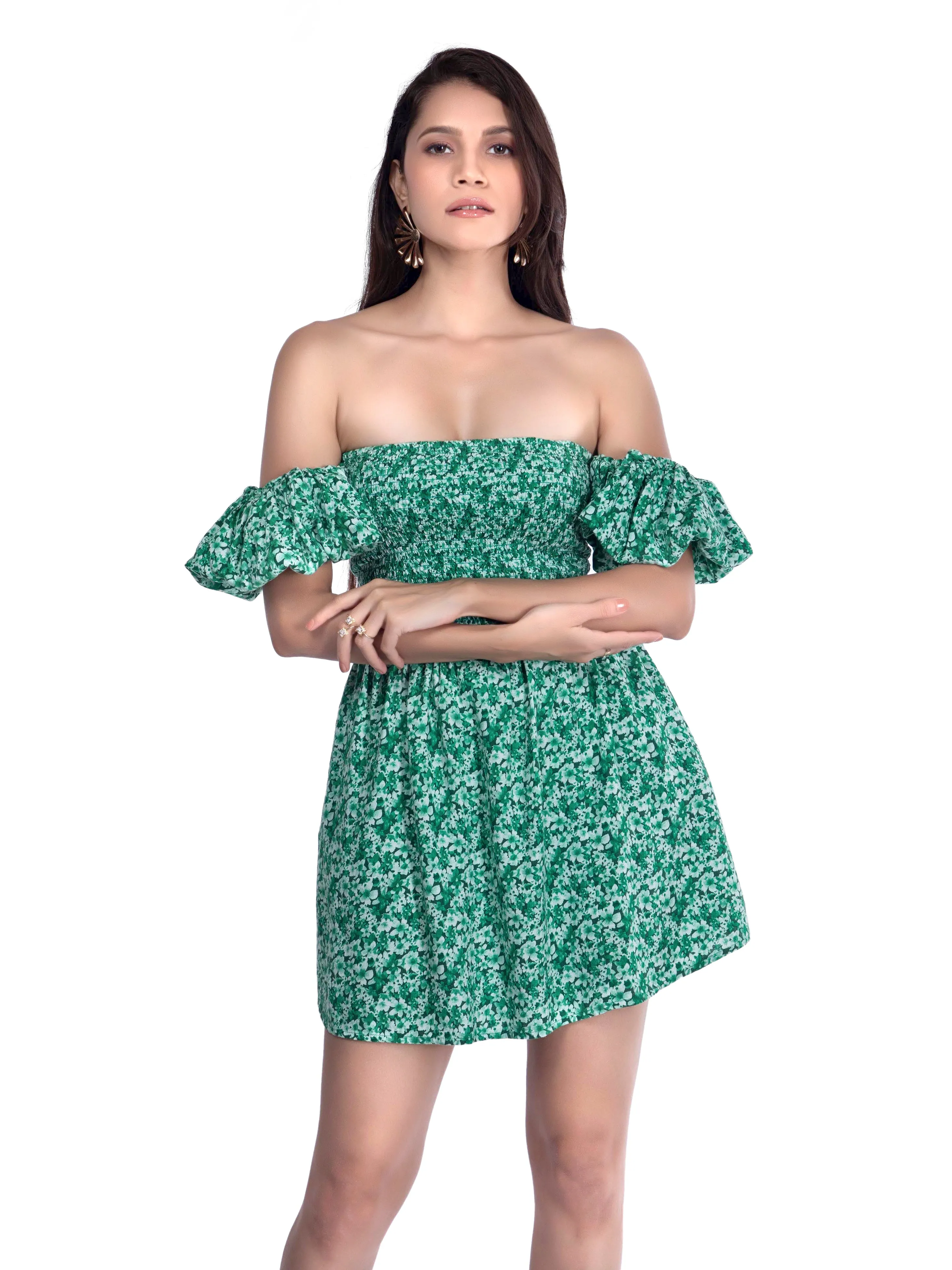 Green Printed Square neck Floral dress French Theory