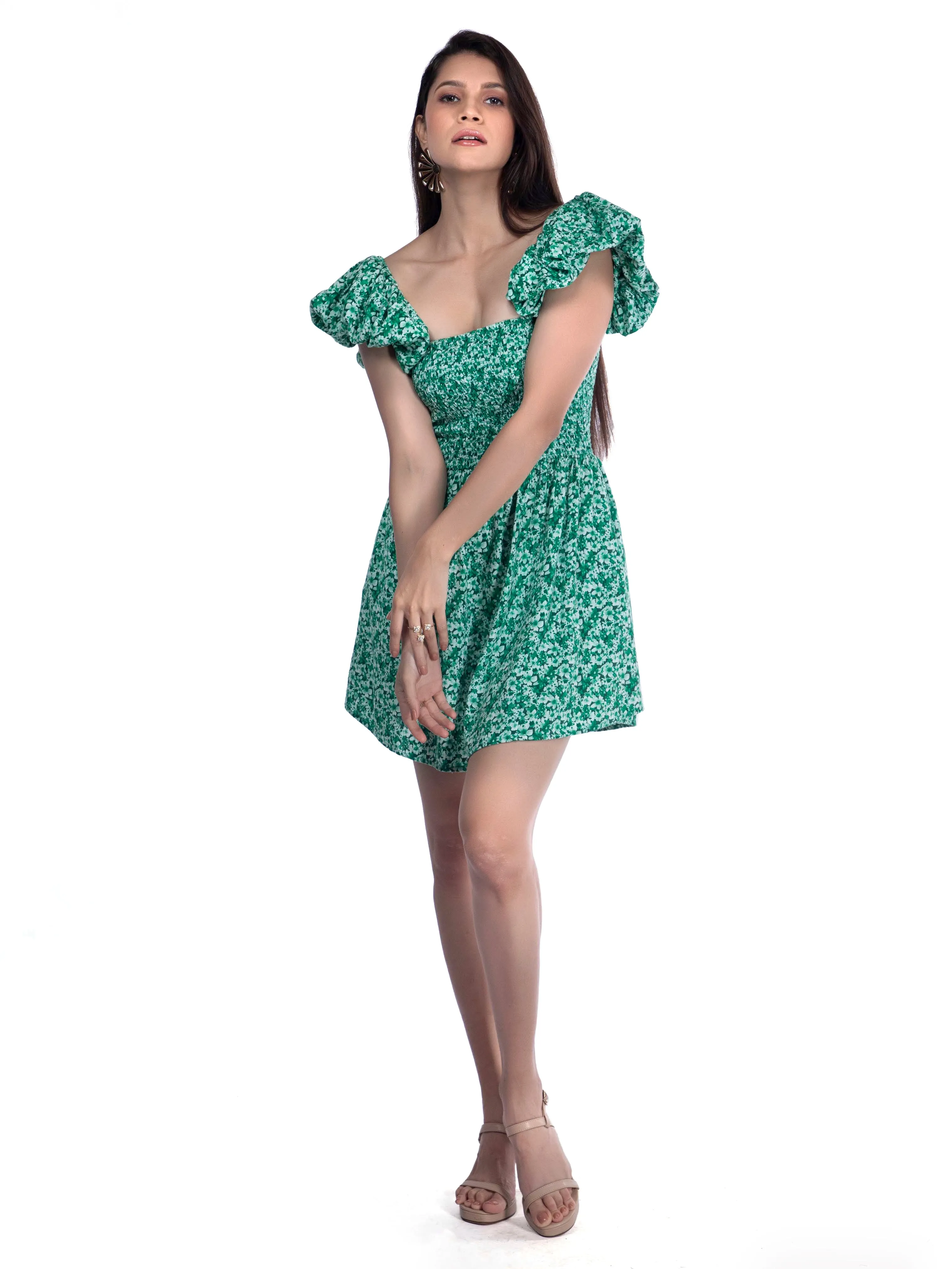 Green Printed Square neck Floral dress French Theory