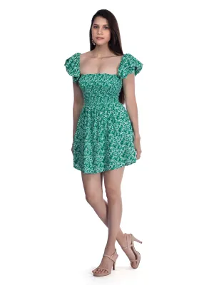 Green Printed Square neck Floral dress French Theory
