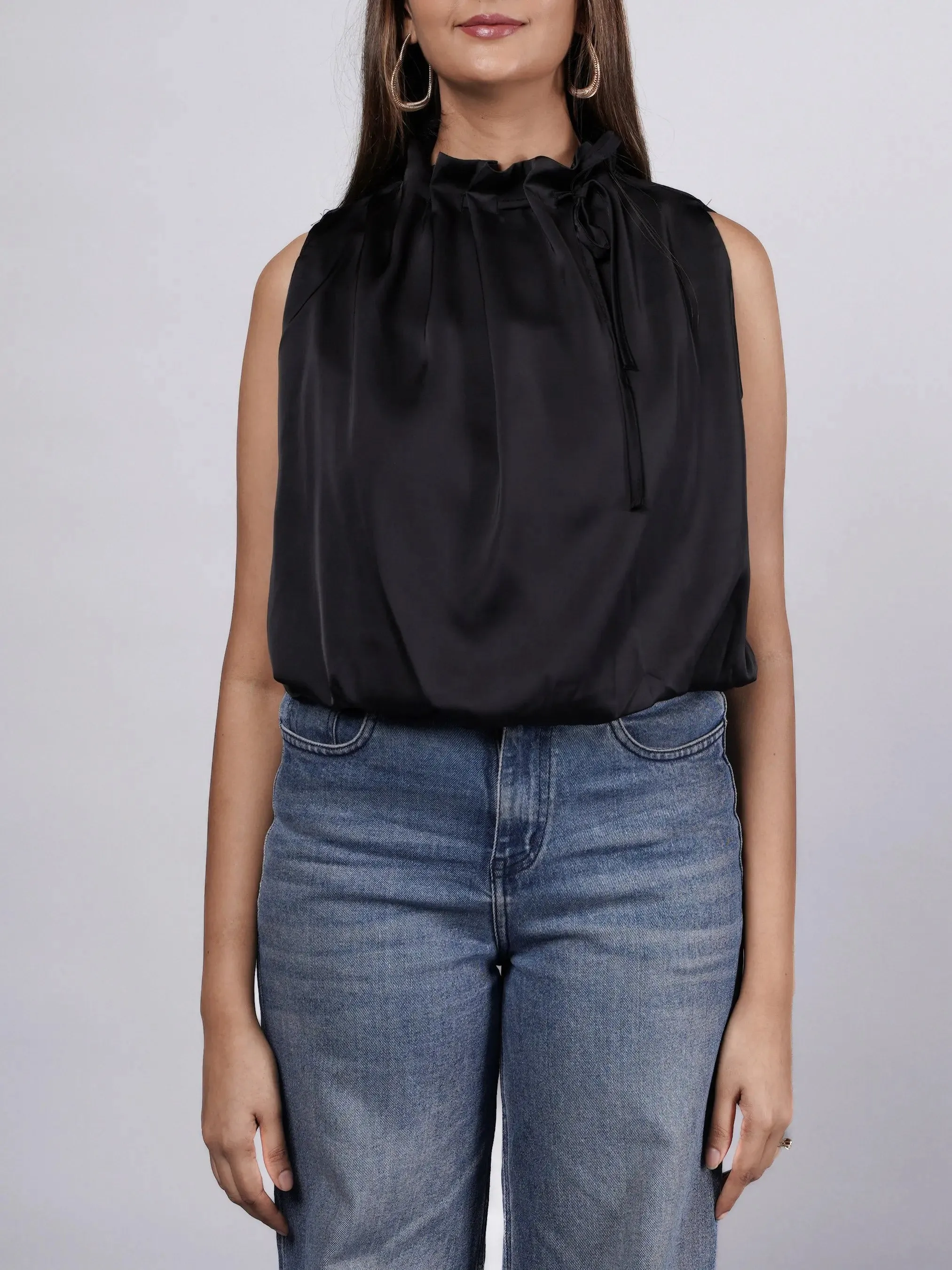 Halter Neck Black Satin Top French Theory