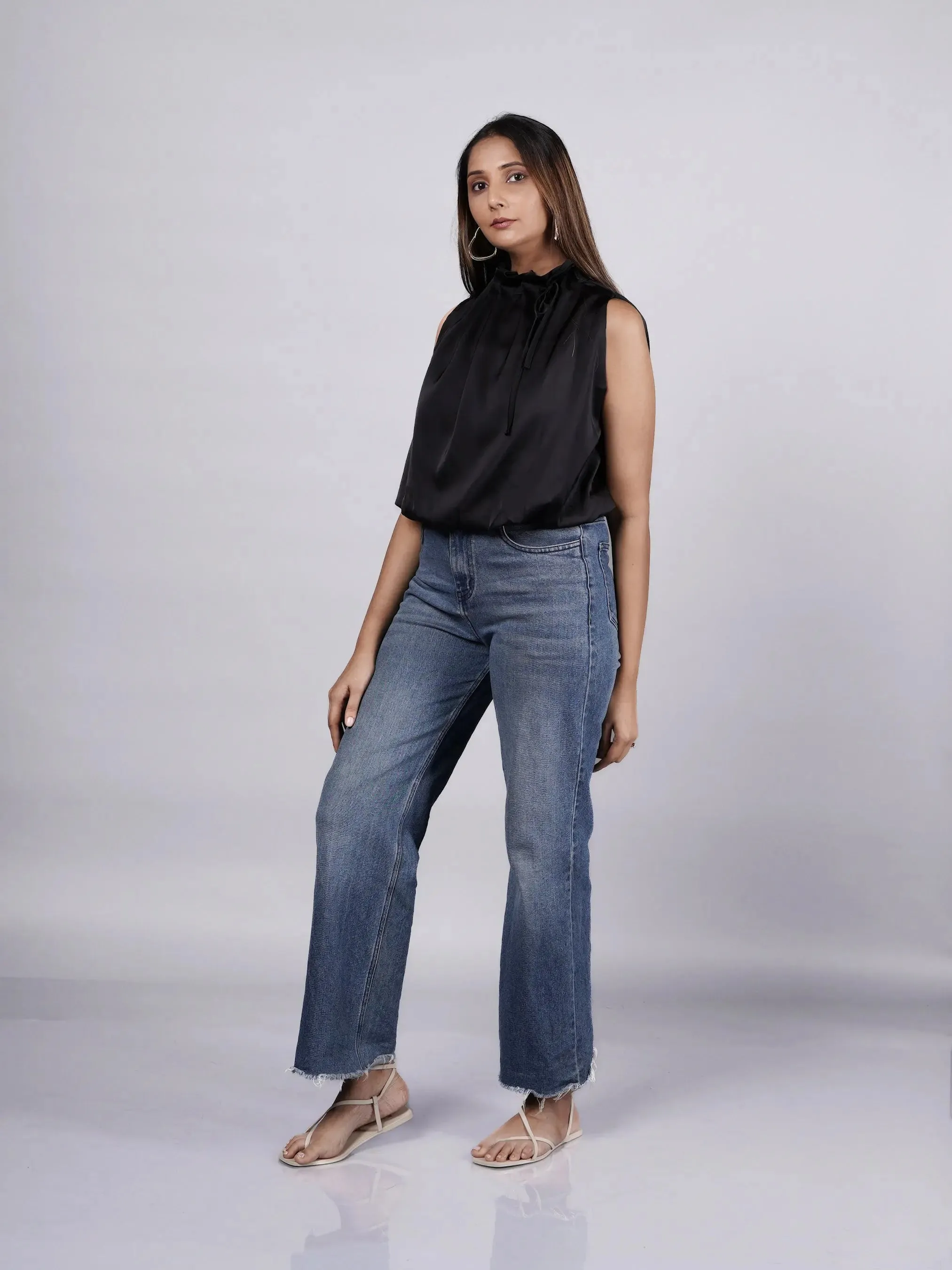 Halter Neck Black Satin Top French Theory