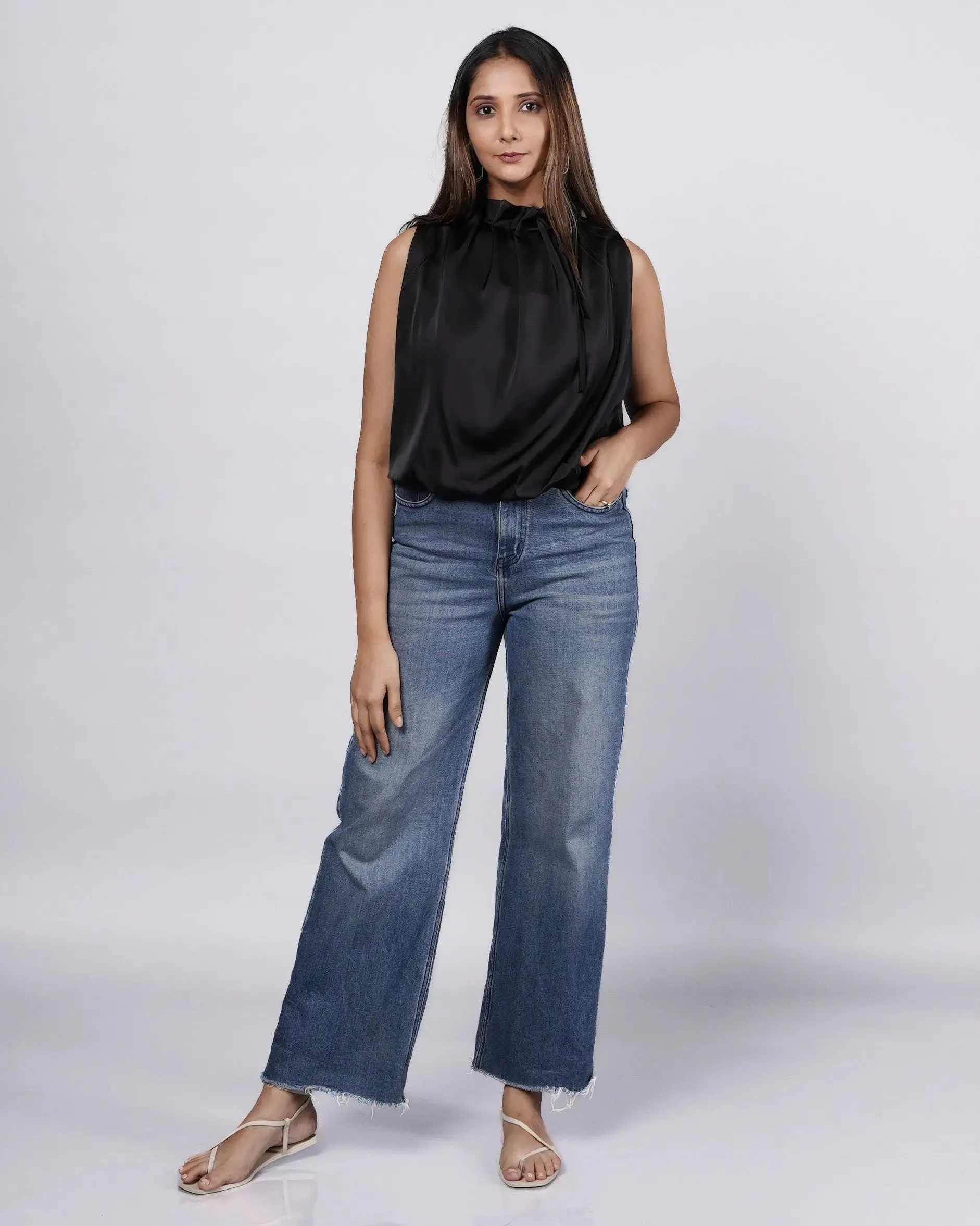 Halter Neck Black Satin Top French Theory