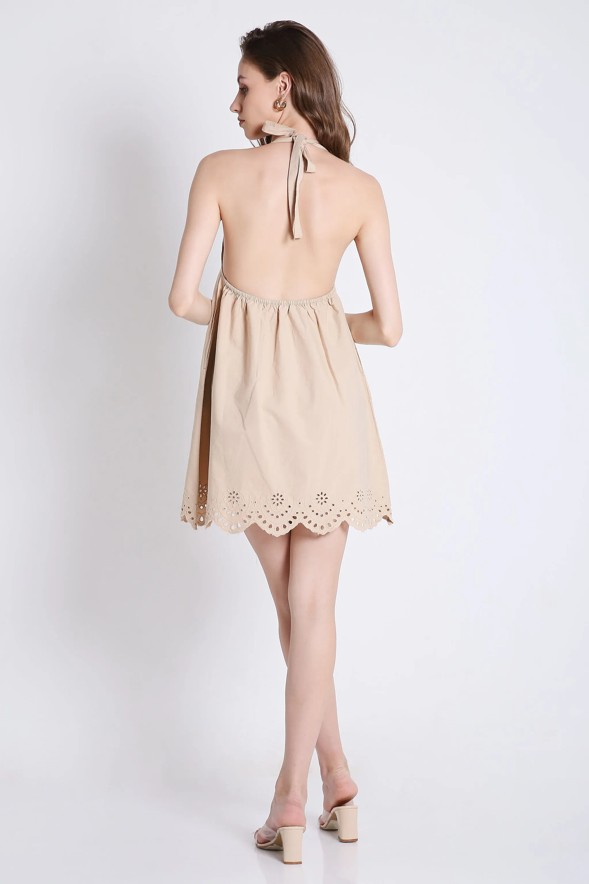 Halter Neck Mini Dress With Schiffli Embroidery French Theory