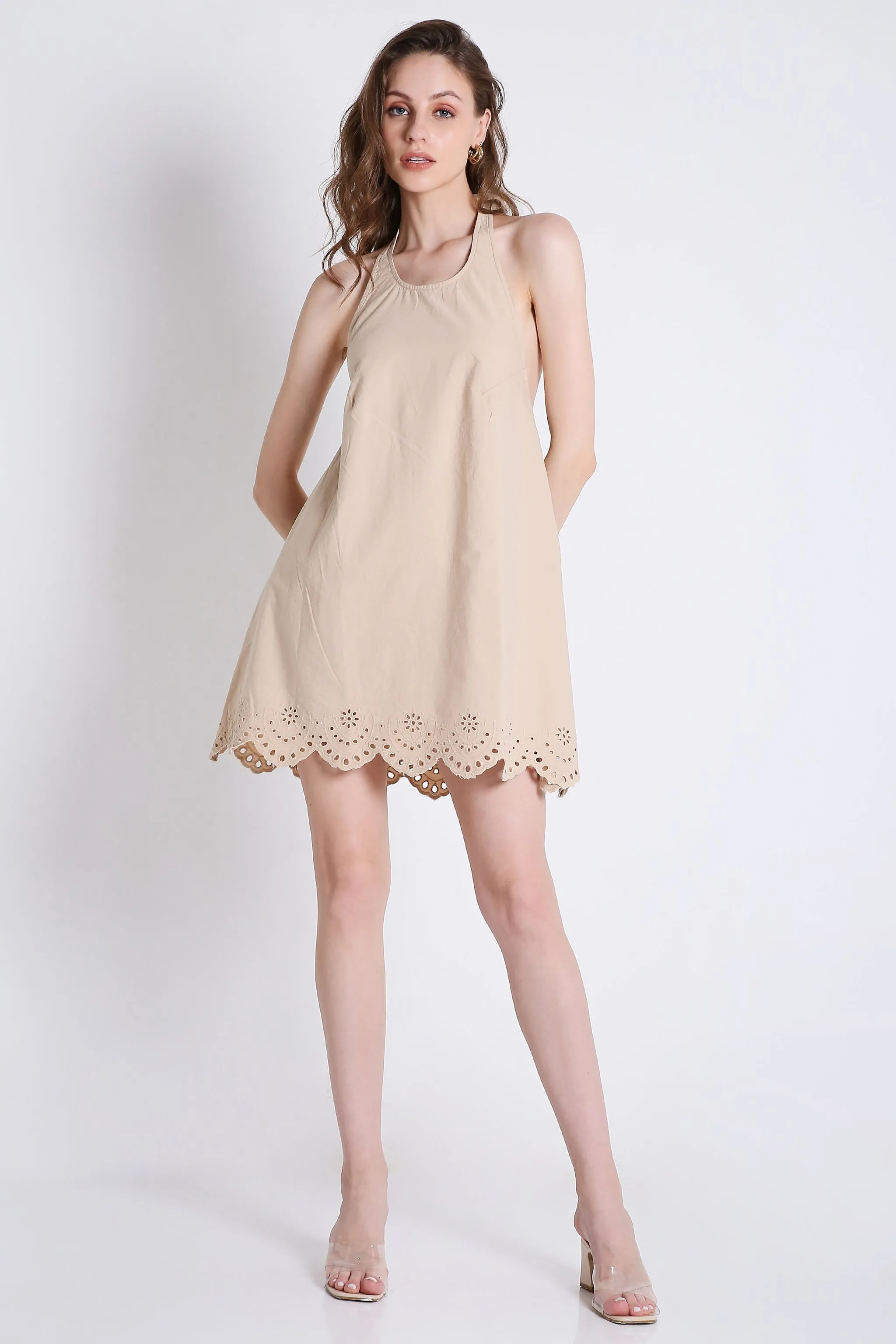Halter Neck Mini Dress With Schiffli Embroidery French Theory