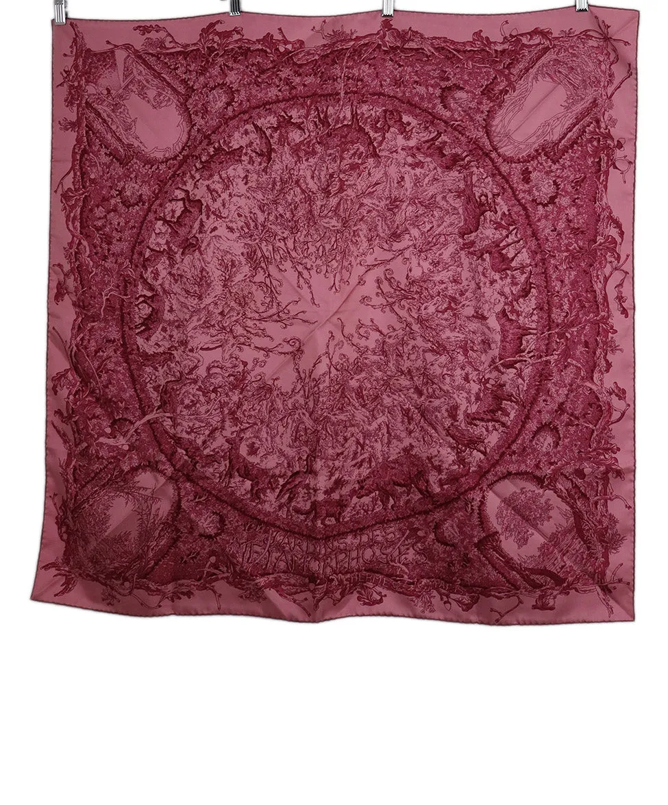 Hermes Pink & Burgundy Print Silk Scarf