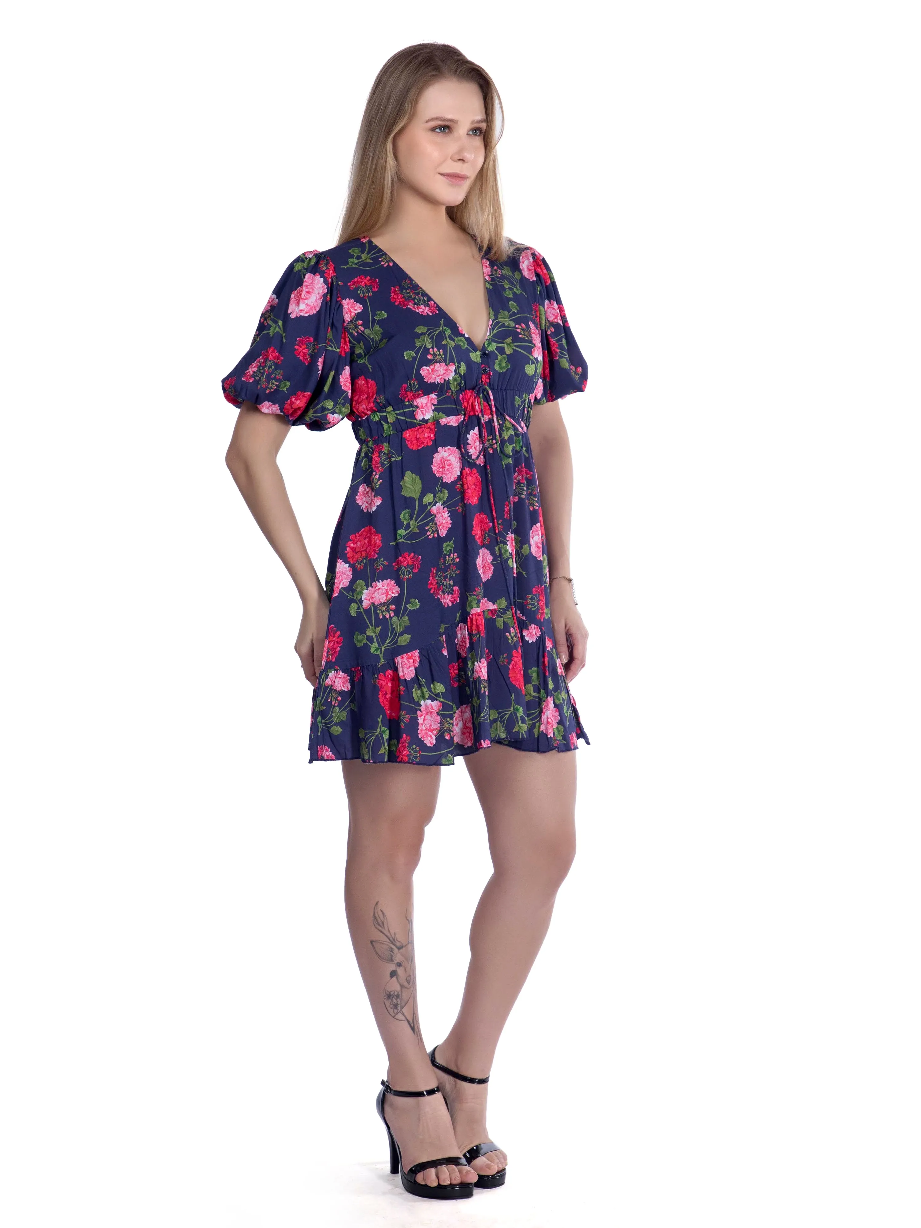 Ink Blue Printed Plunge Neck Summer Dress French Theory
