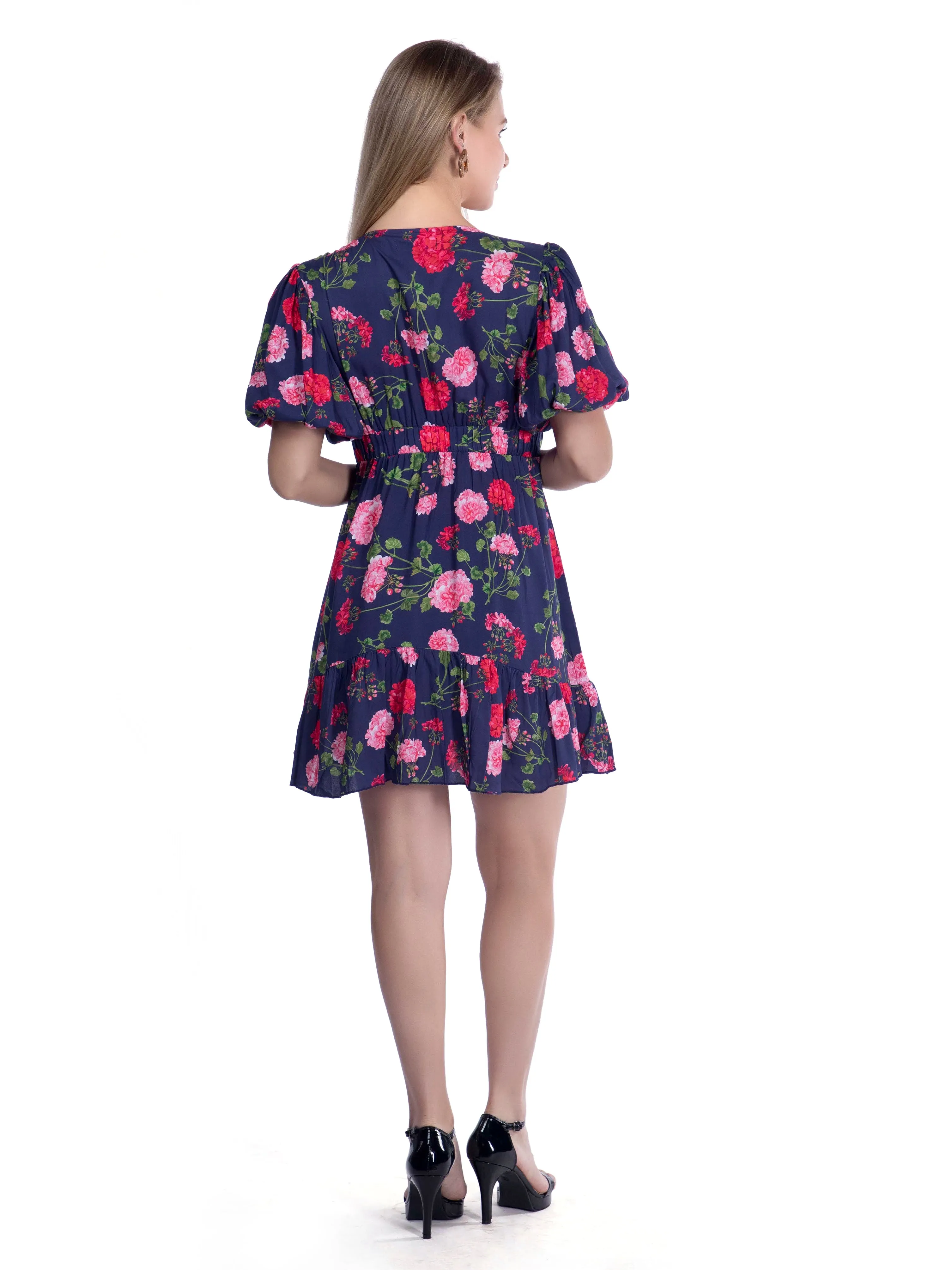 Ink Blue Printed Plunge Neck Summer Dress French Theory