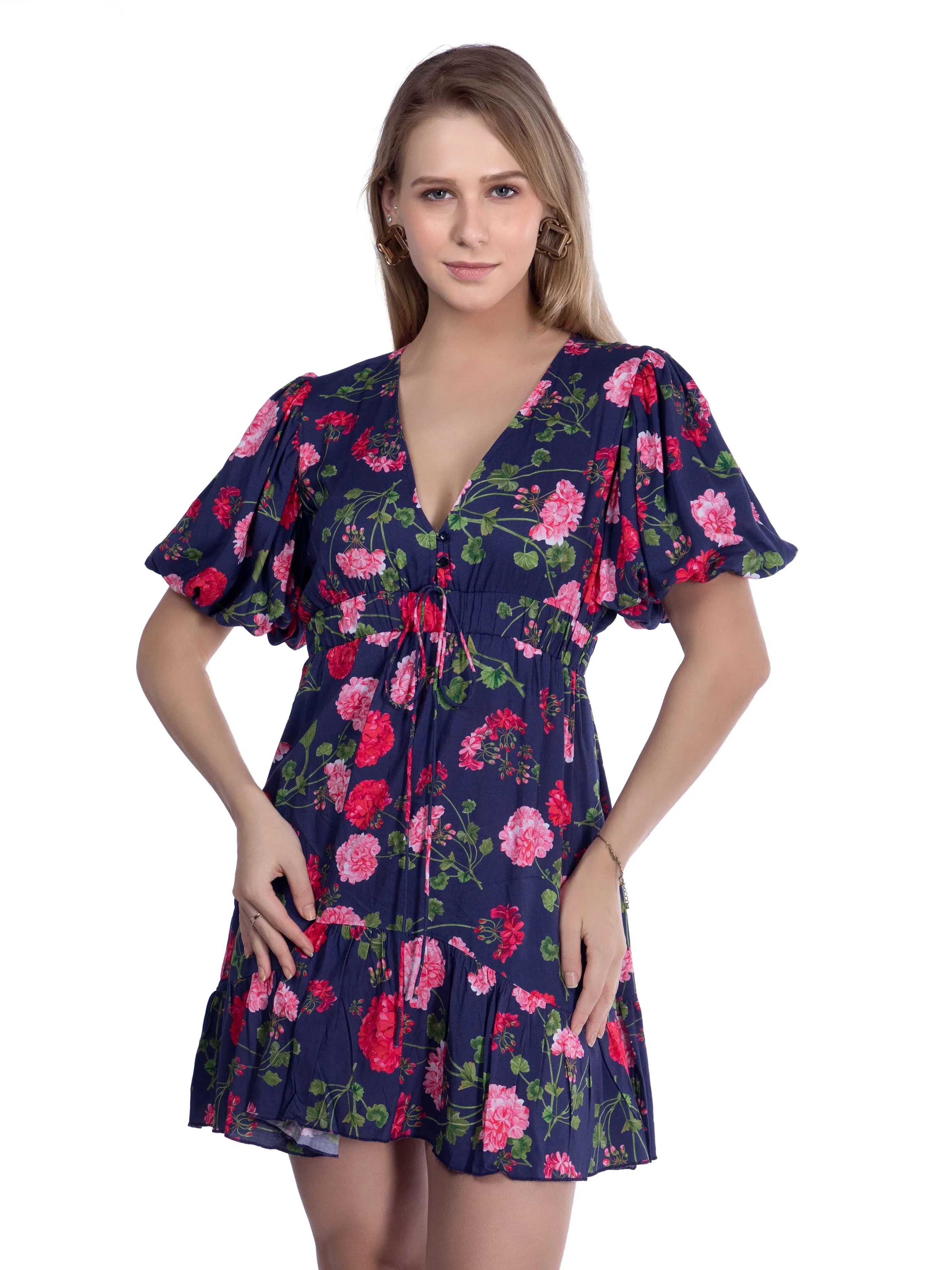 Ink Blue Printed Plunge Neck Summer Dress French Theory