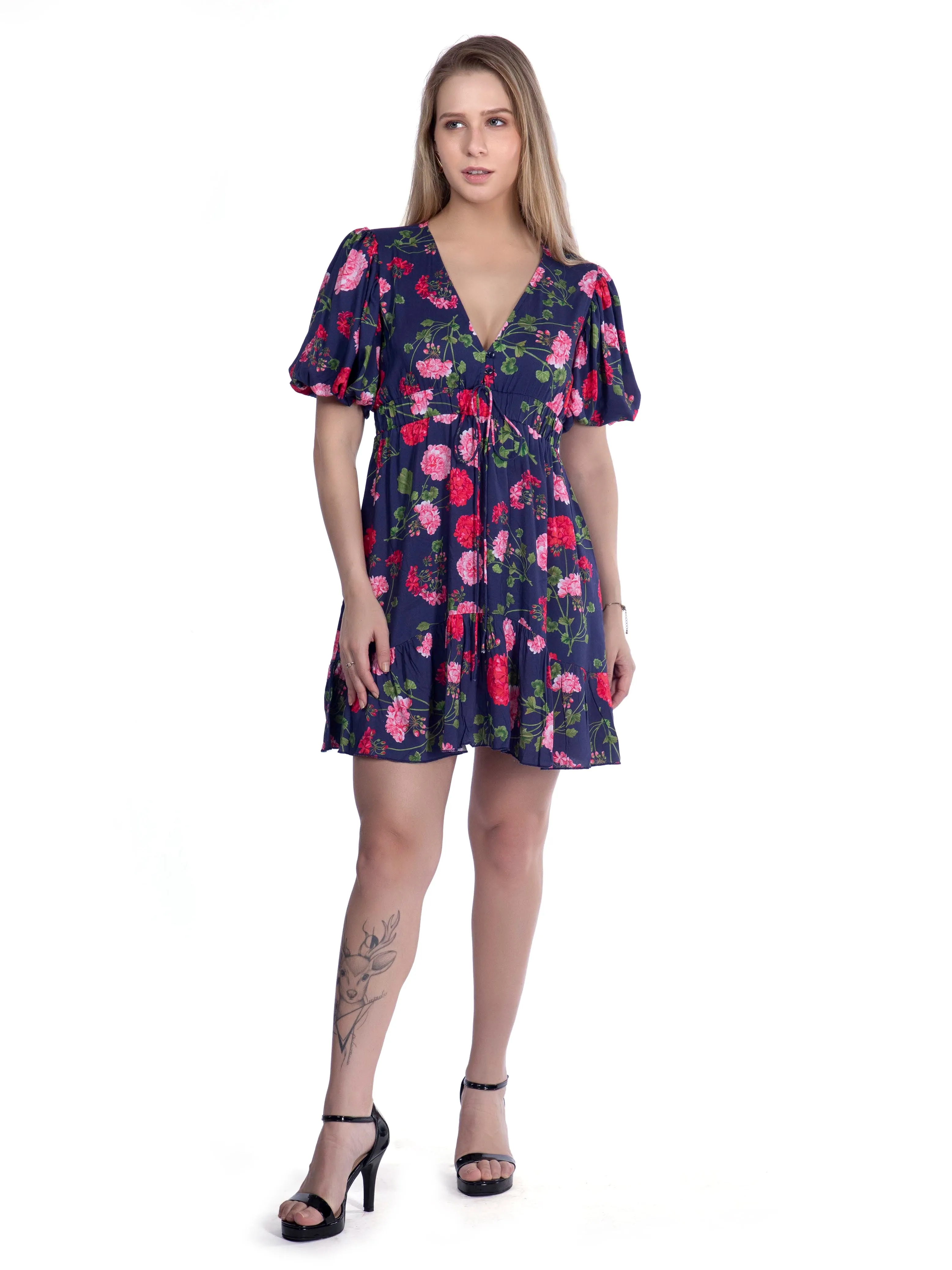 Ink Blue Printed Plunge Neck Summer Dress French Theory