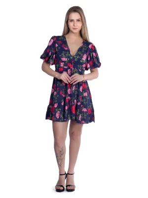 Ink Blue Printed Plunge Neck Summer Dress French Theory
