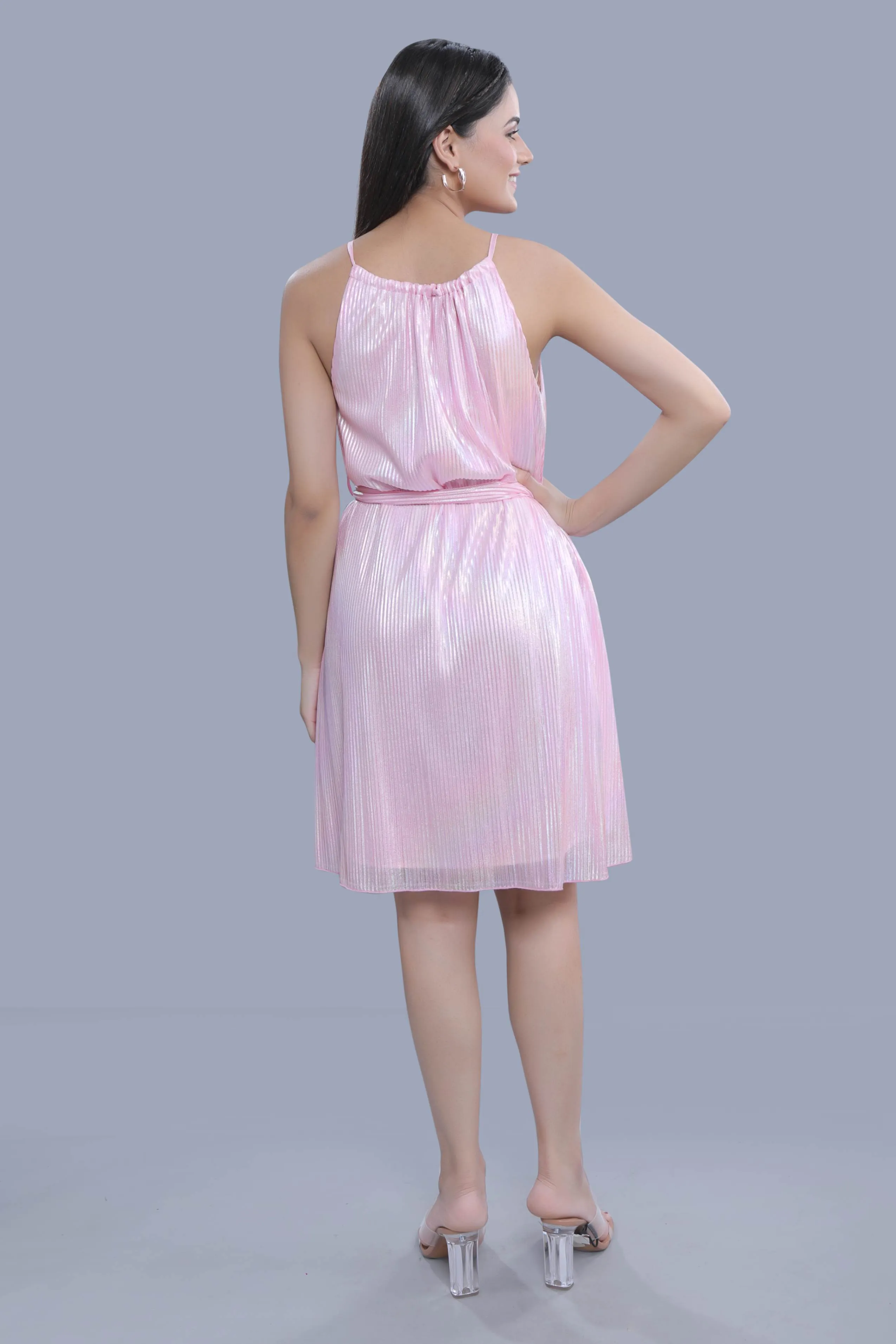 Metallic Printed Pleated Pink A-line Dress French Theory