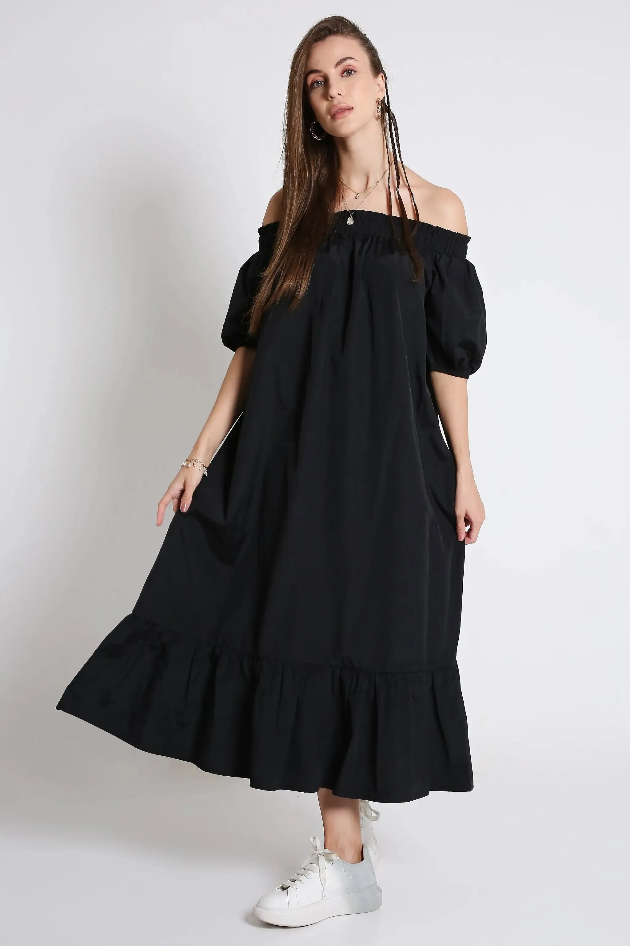 Off-Shoulder Long Black Dress with Short Sleeve French Theory