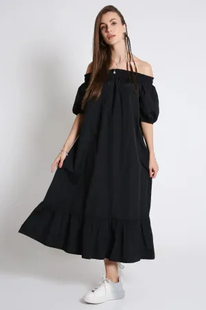 Off-Shoulder Long Black Dress with Short Sleeve French Theory