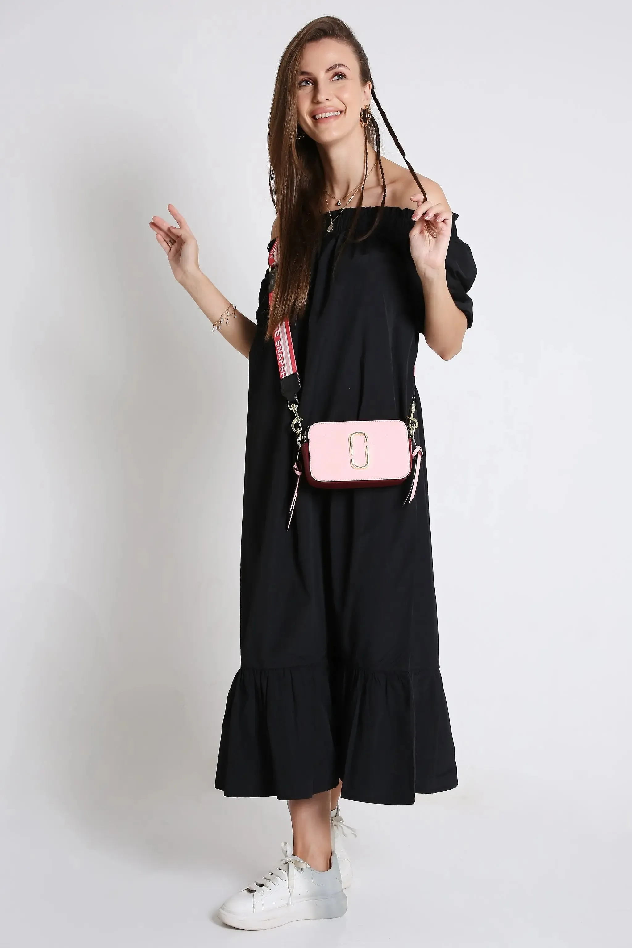 Off-Shoulder Long Black Dress with Short Sleeve French Theory