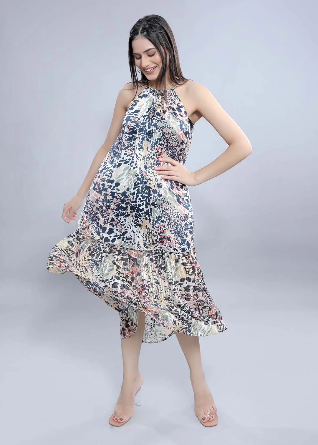 Off- White Printed Crushed Satin A-Line Dress French Theory