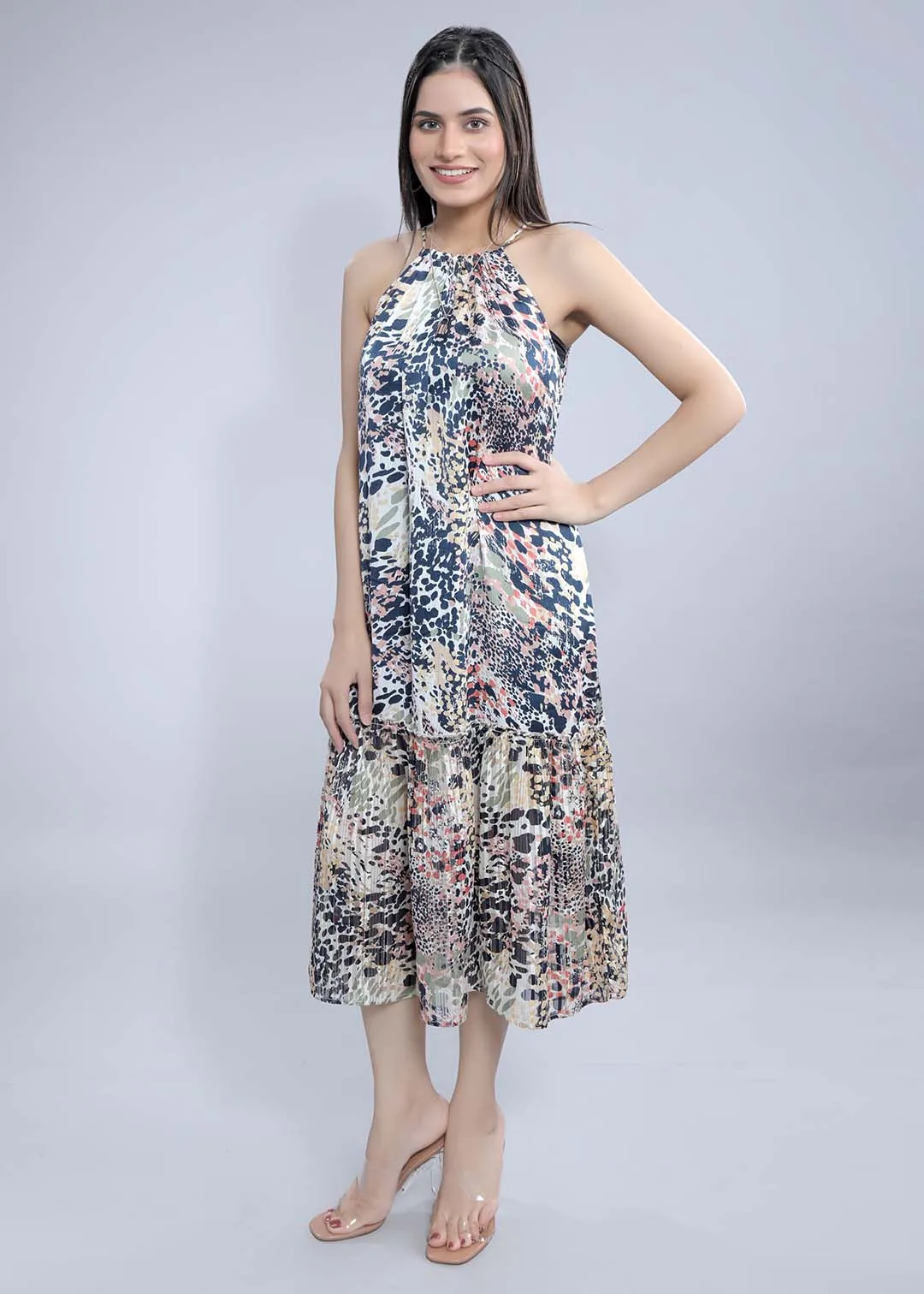 Off- White Printed Crushed Satin A-Line Dress French Theory