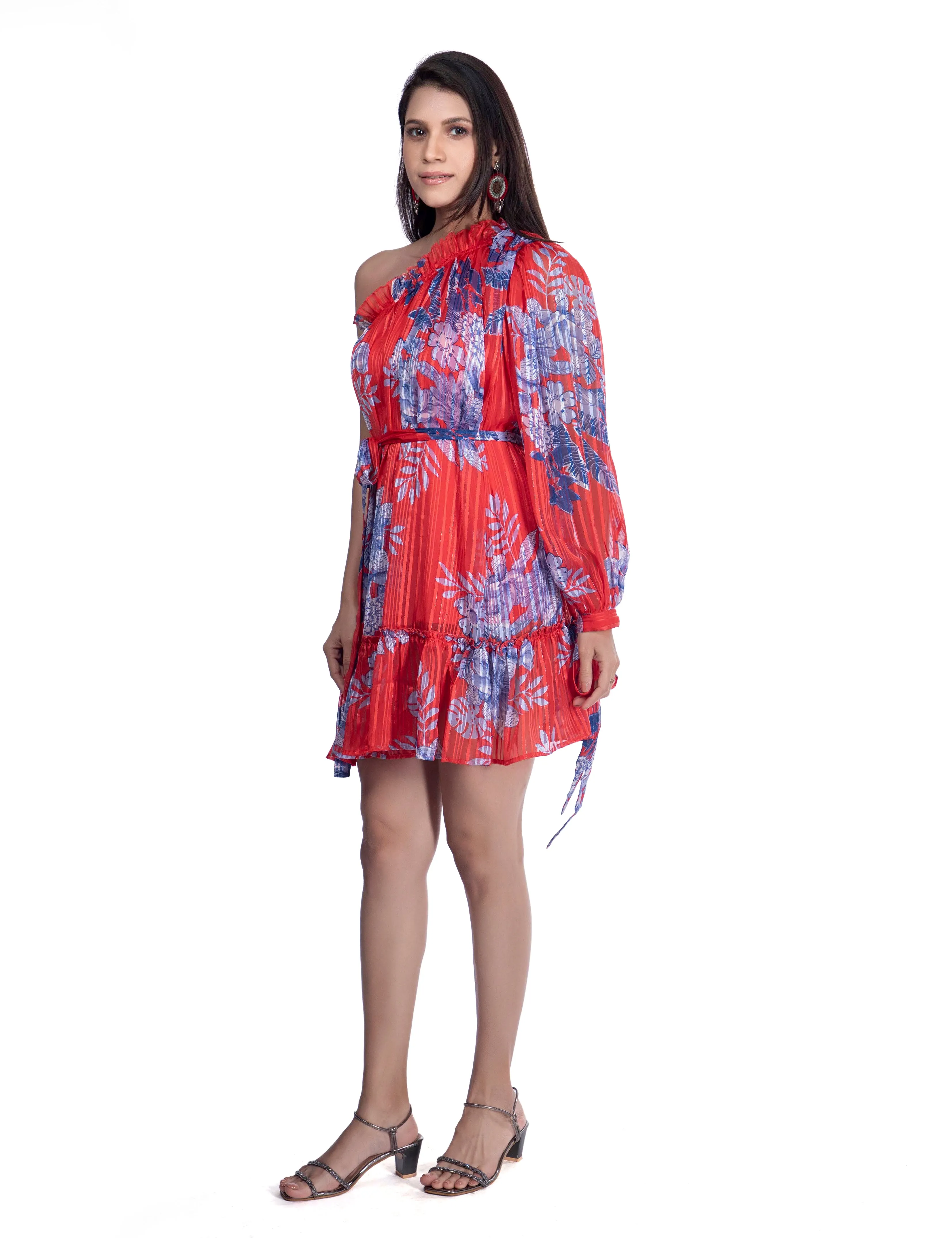 One Shoulder Dress: Asymmetrical Printed Mini Dress French Theory