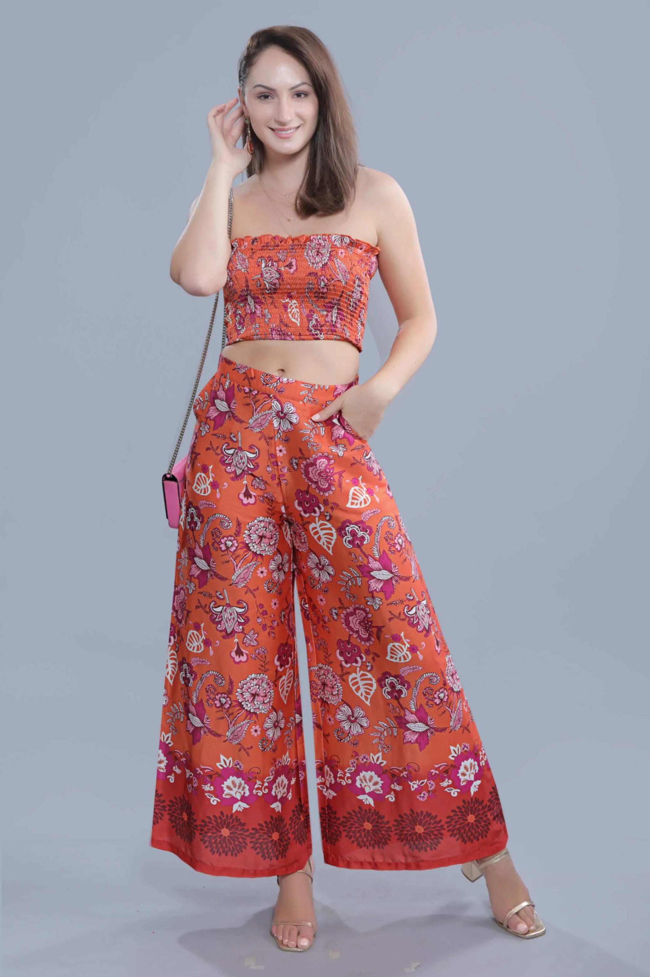 Orange Satin Printed Women's Flared Pant French Theory