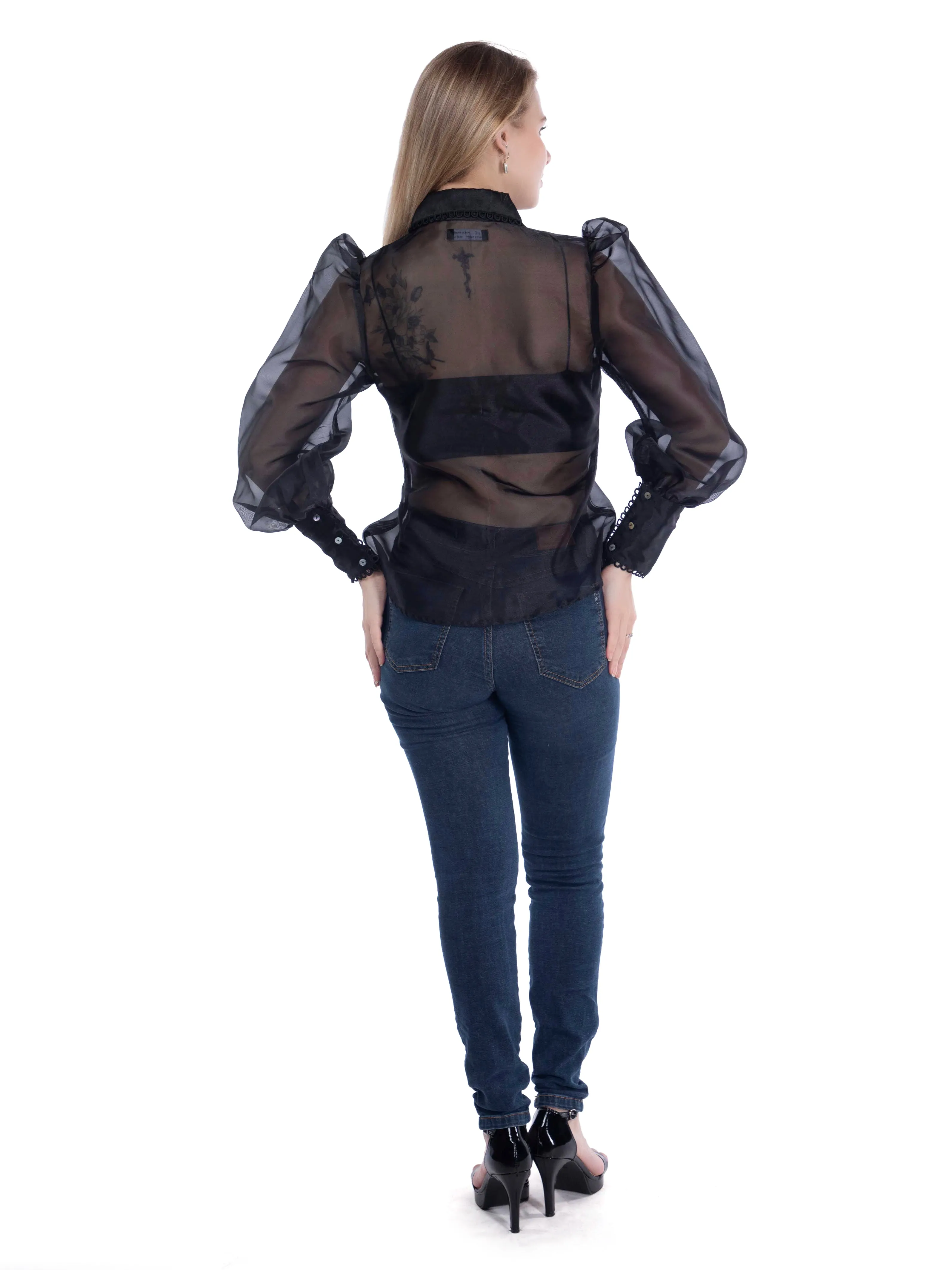 Organza Black Shirt with Cut-Work Embroidery French Theory