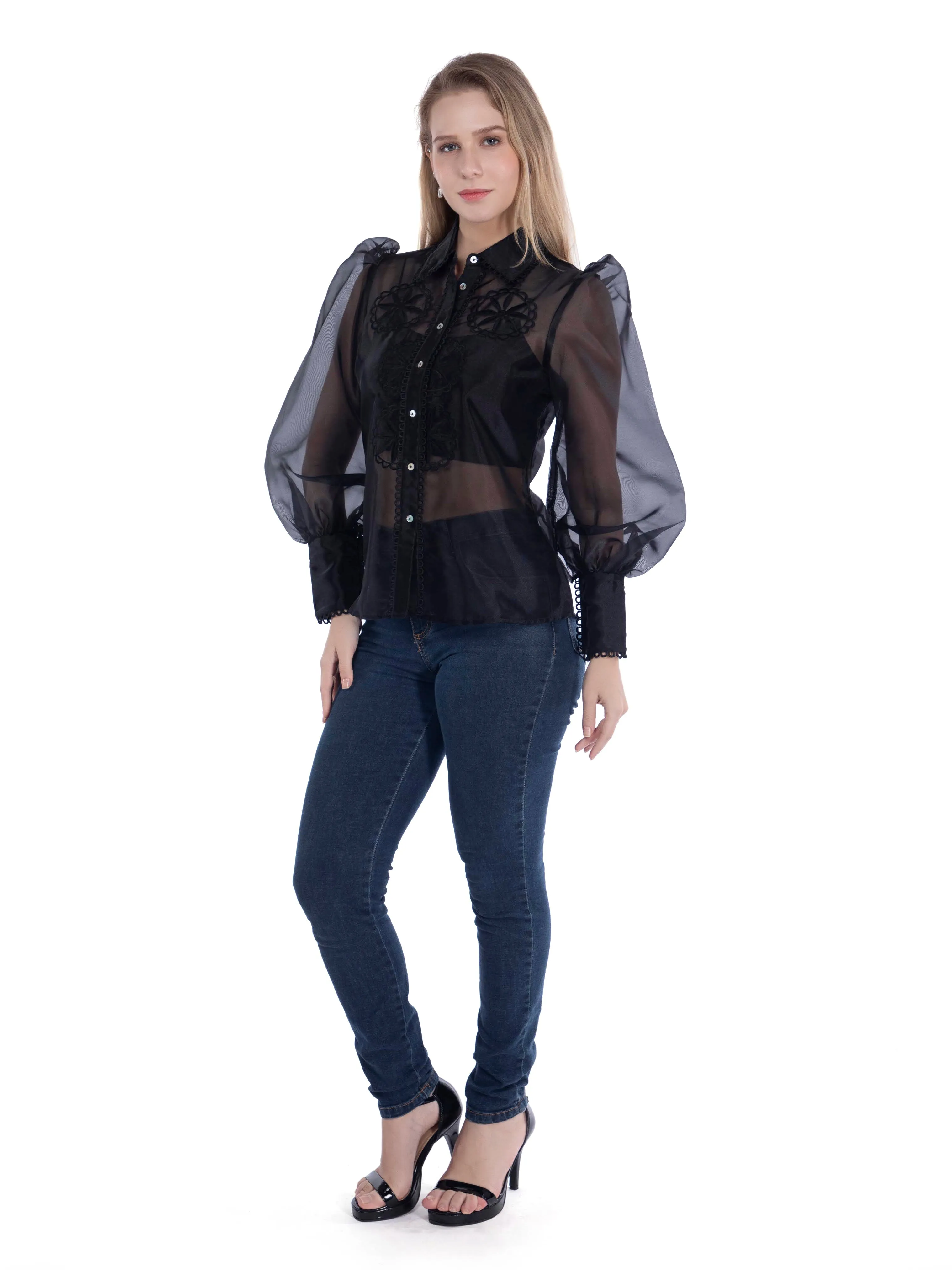 Organza Black Shirt with Cut-Work Embroidery French Theory