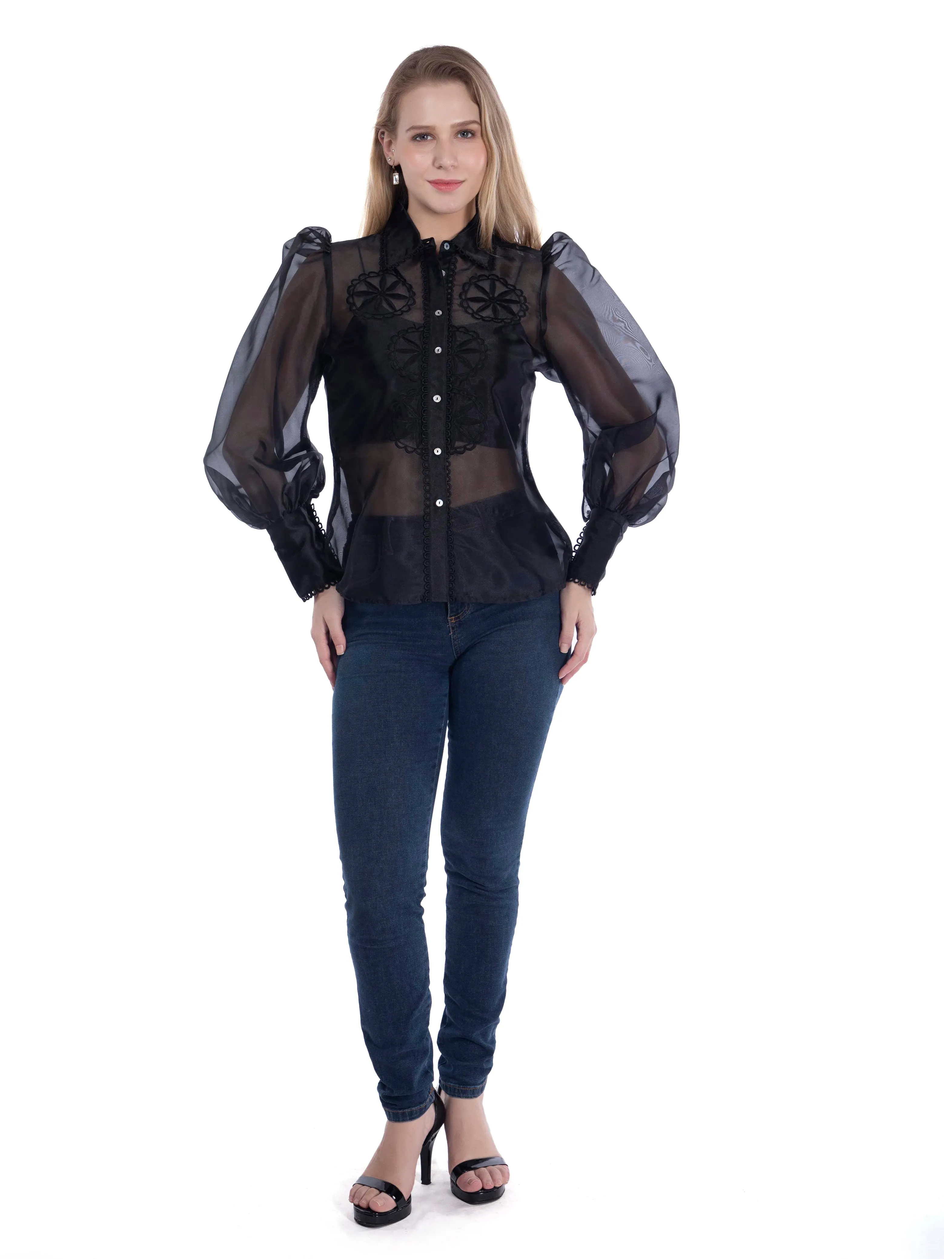 Organza Black Shirt with Cut-Work Embroidery French Theory