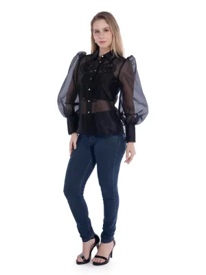 Organza Black Shirt with Cut-Work Embroidery French Theory