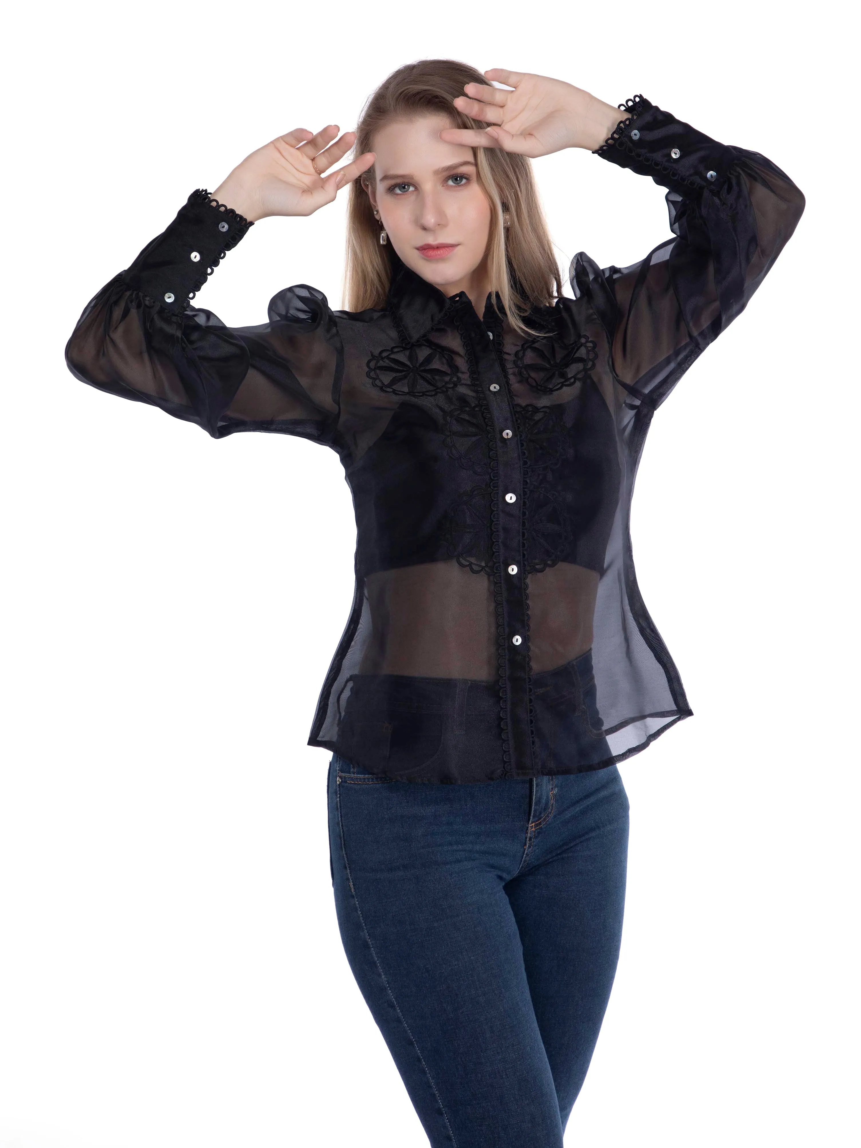 Organza Black Shirt with Cut-Work Embroidery French Theory