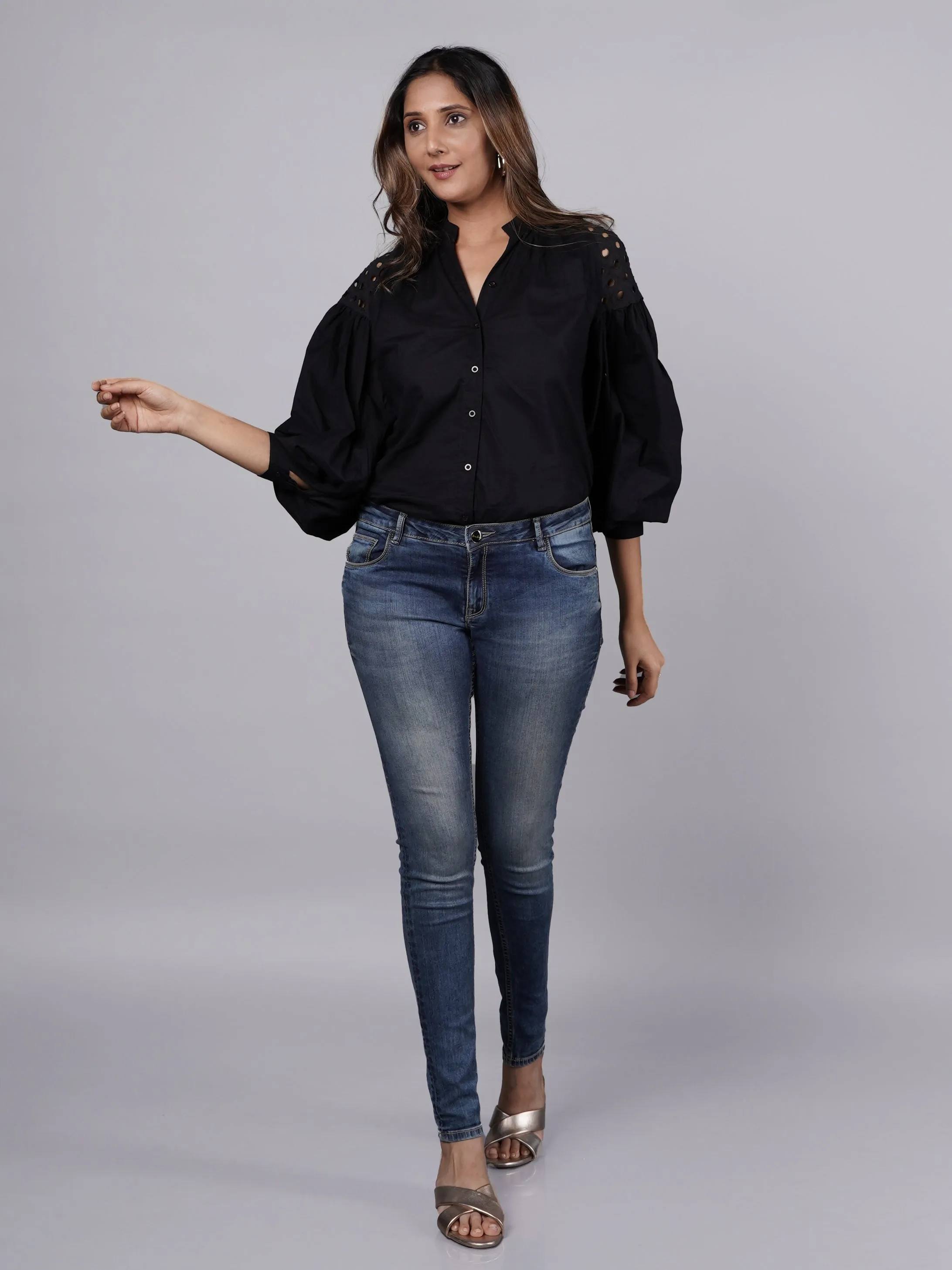Oversized Long Sleeve Shirt with Shoulder Schiffli Detail French Theory