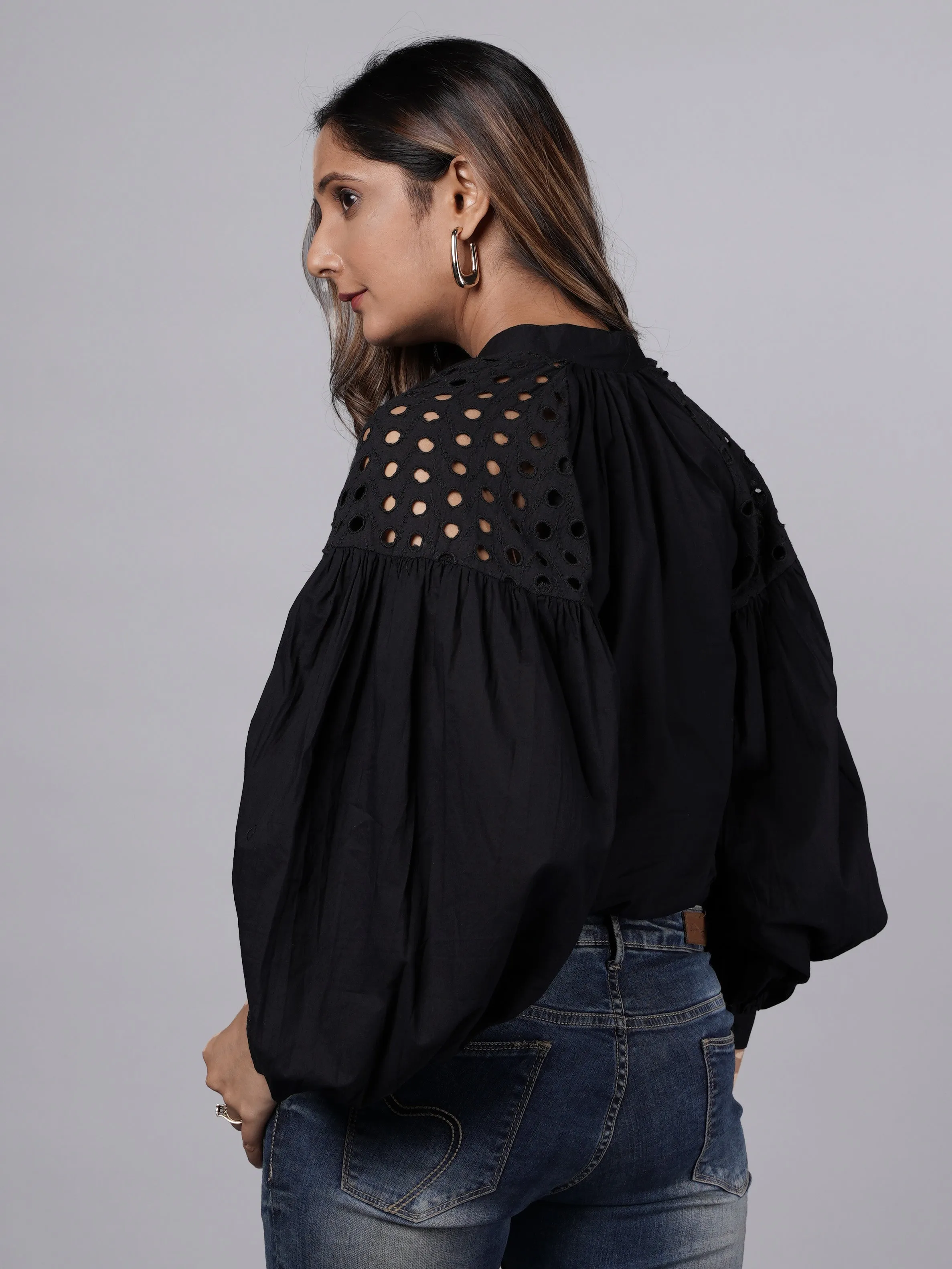 Oversized Long Sleeve Shirt with Shoulder Schiffli Detail French Theory