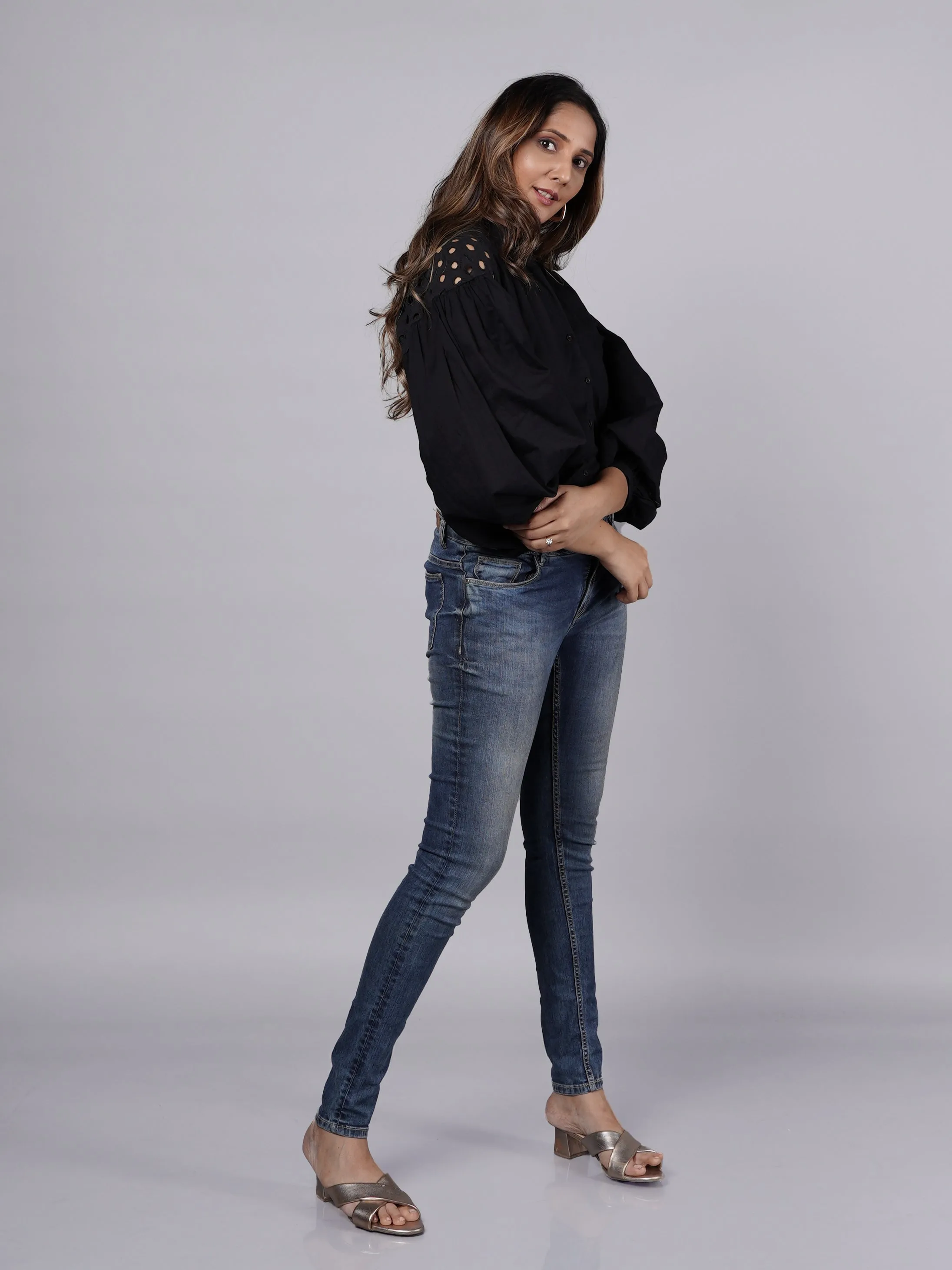 Oversized Long Sleeve Shirt with Shoulder Schiffli Detail French Theory