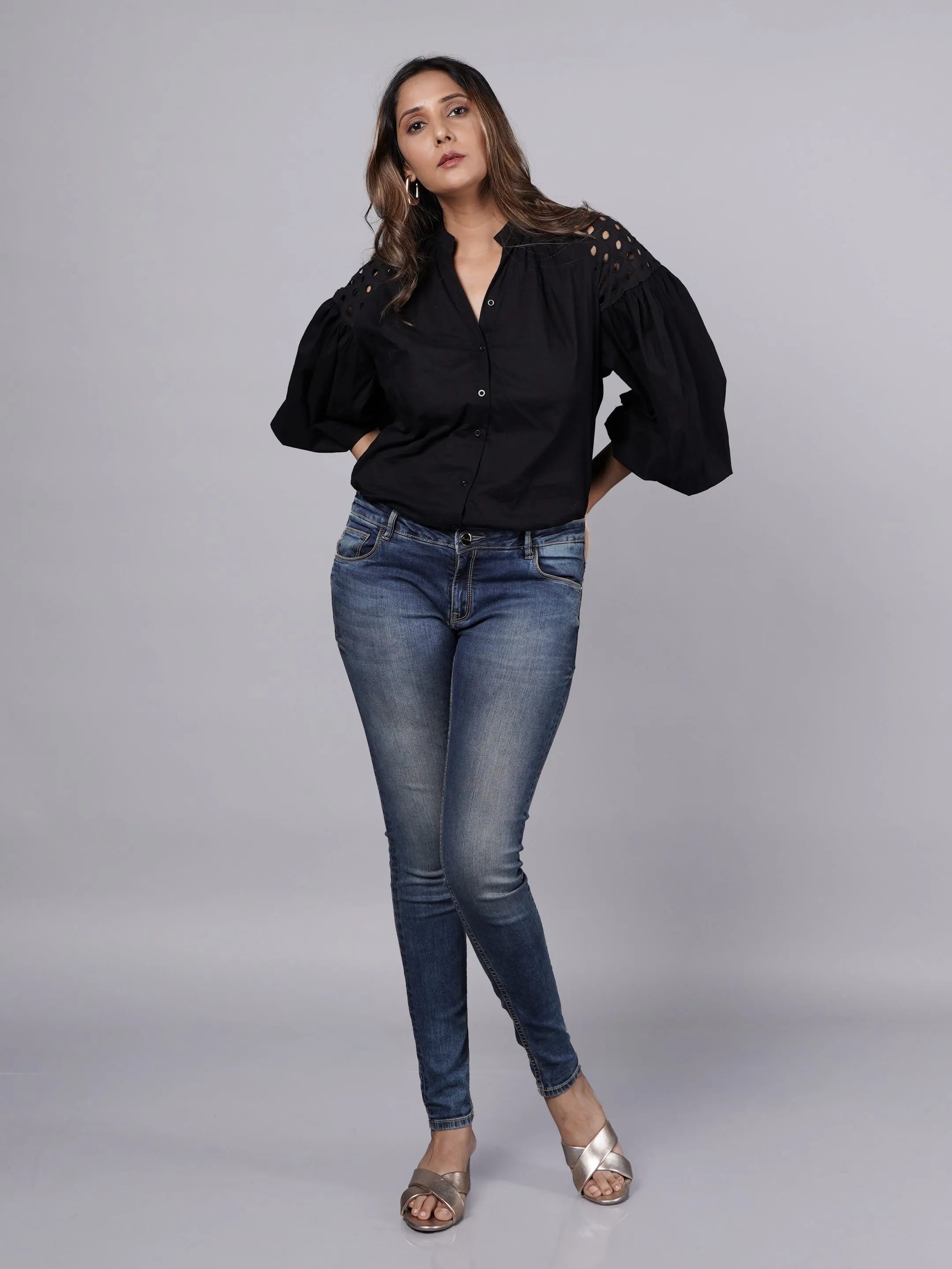 Oversized Long Sleeve Shirt with Shoulder Schiffli Detail French Theory