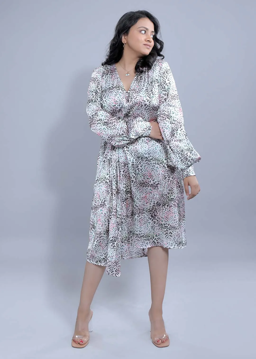 Pearl White Printed Long Puff Sleeve Dress French Theory
