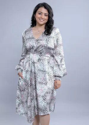 Pearl White Printed Long Puff Sleeve Dress French Theory