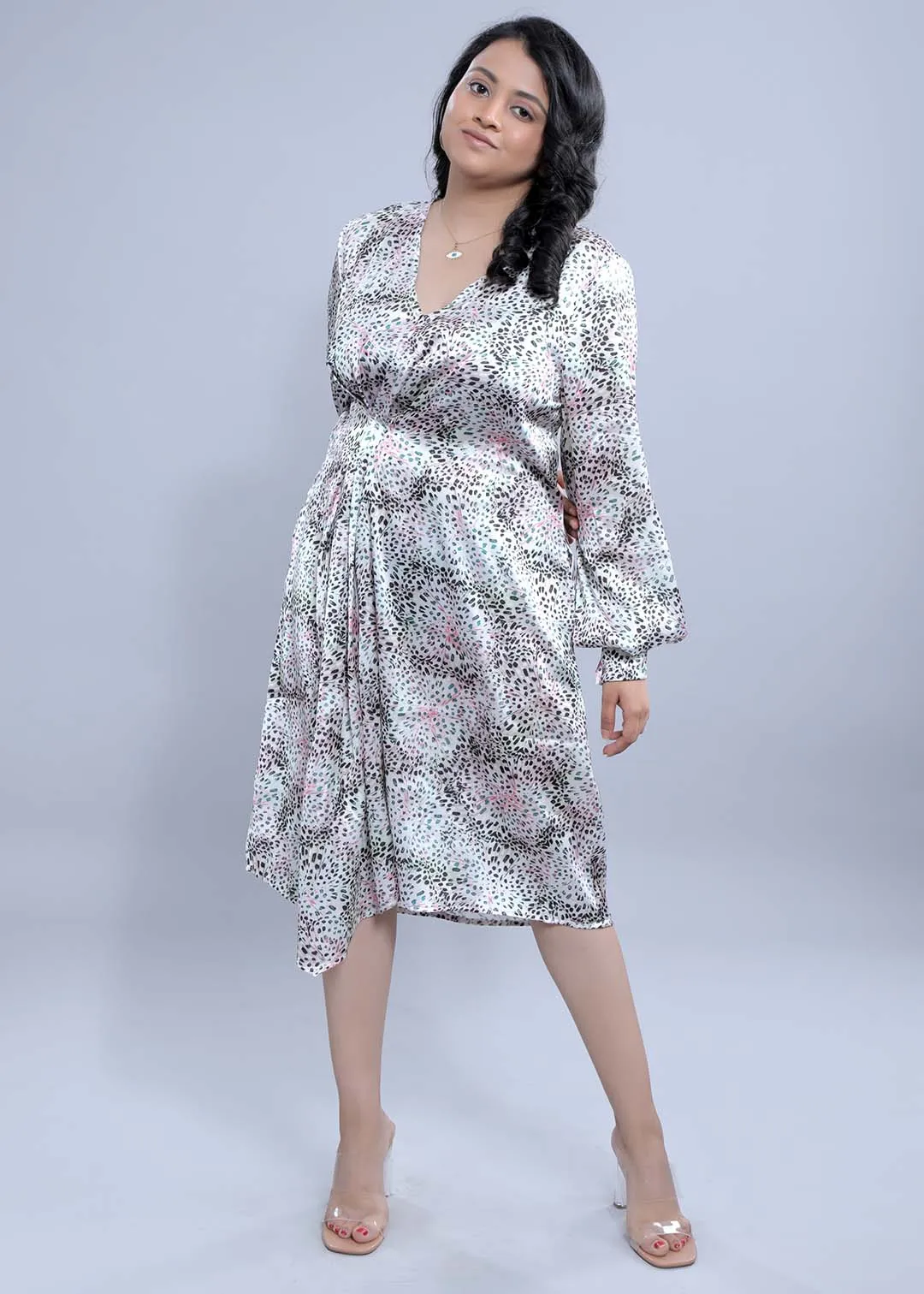 Pearl White Printed Long Puff Sleeve Dress French Theory