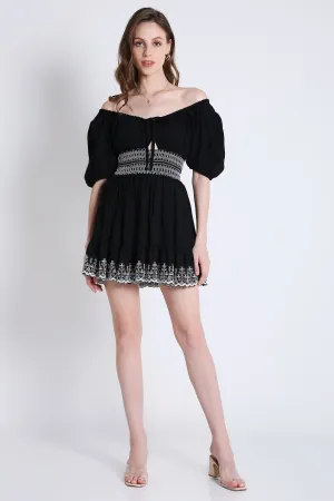 Peasant Neck Flared Short Dress with Contrast Embroidery Detail French Theory