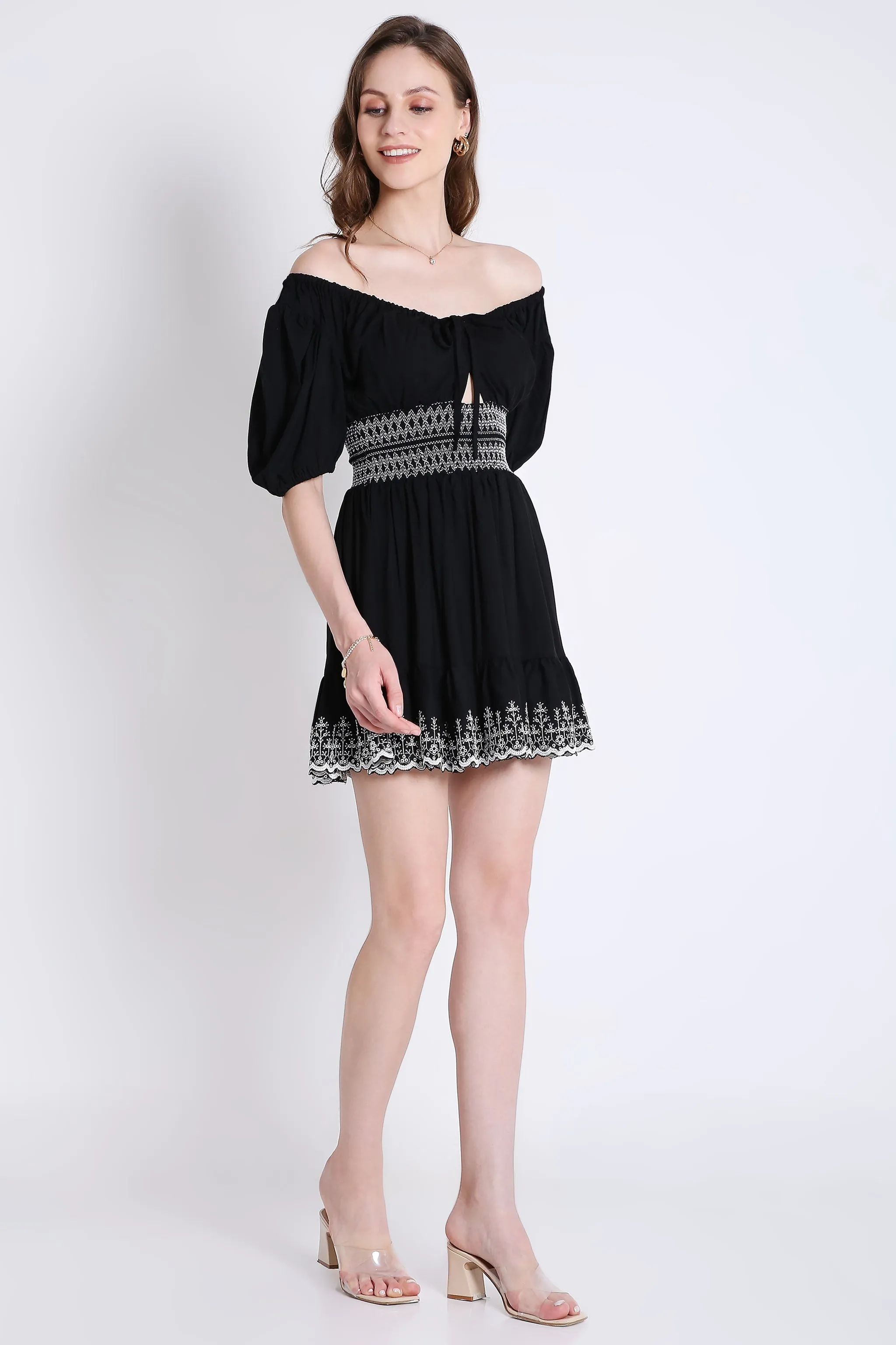 Peasant Neck Flared Short Dress with Contrast Embroidery Detail French Theory
