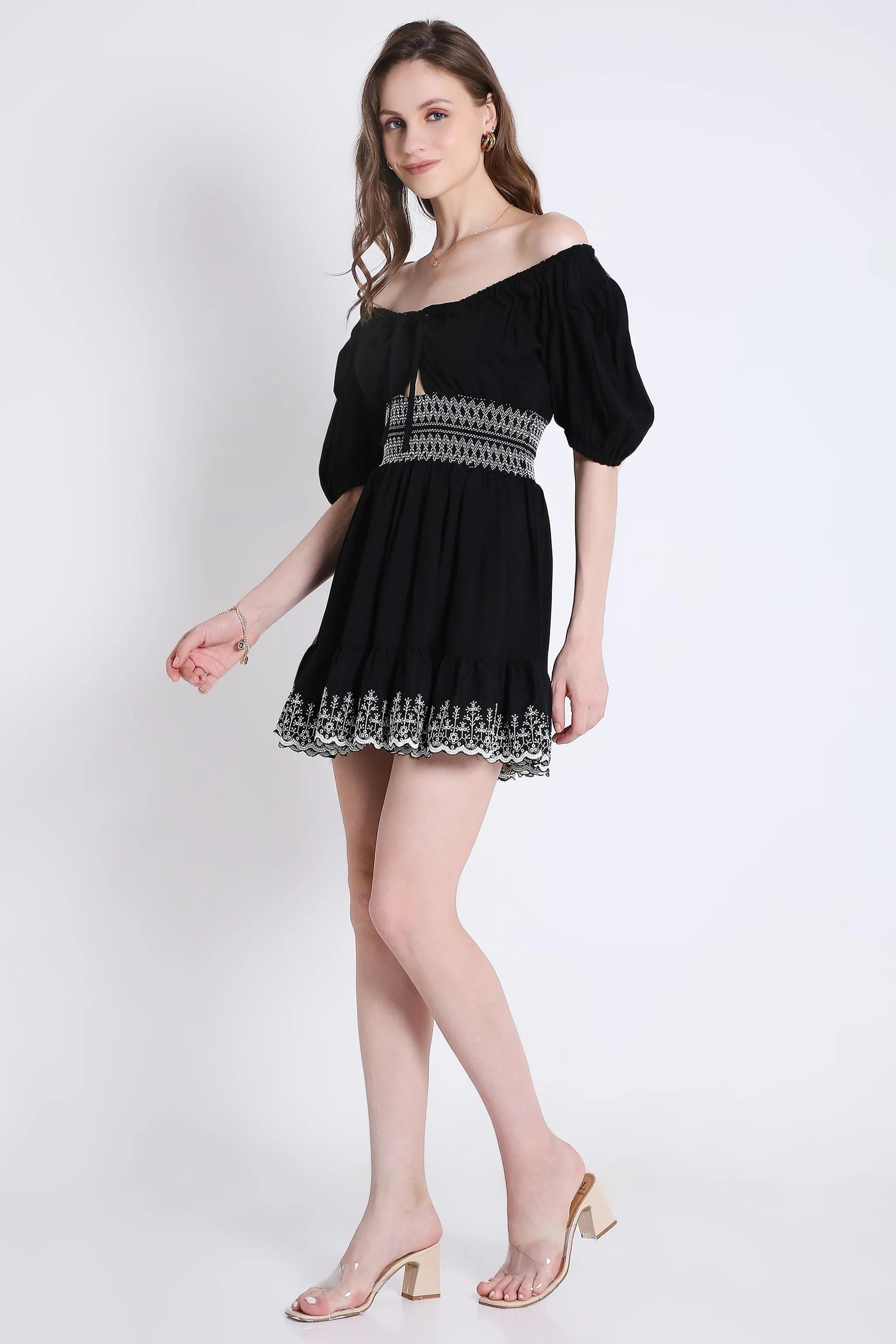Peasant Neck Flared Short Dress with Contrast Embroidery Detail French Theory