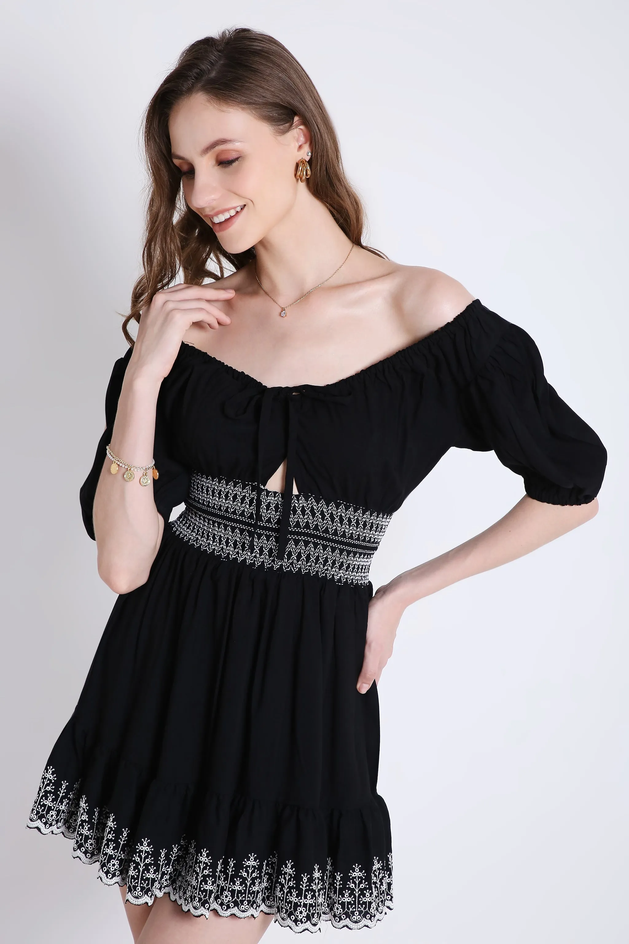 Peasant Neck Flared Short Dress with Contrast Embroidery Detail French Theory