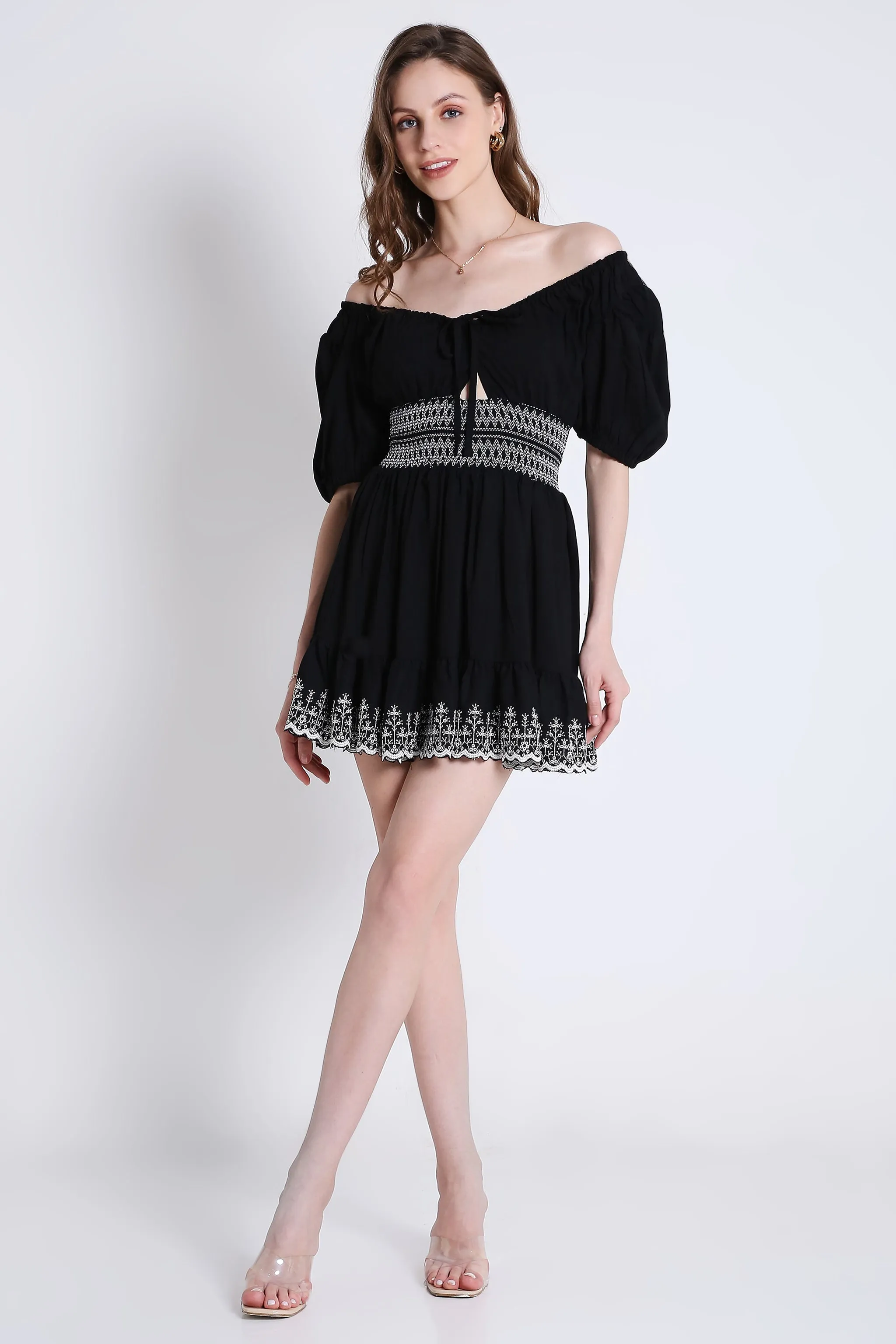 Peasant Neck Flared Short Dress with Contrast Embroidery Detail French Theory