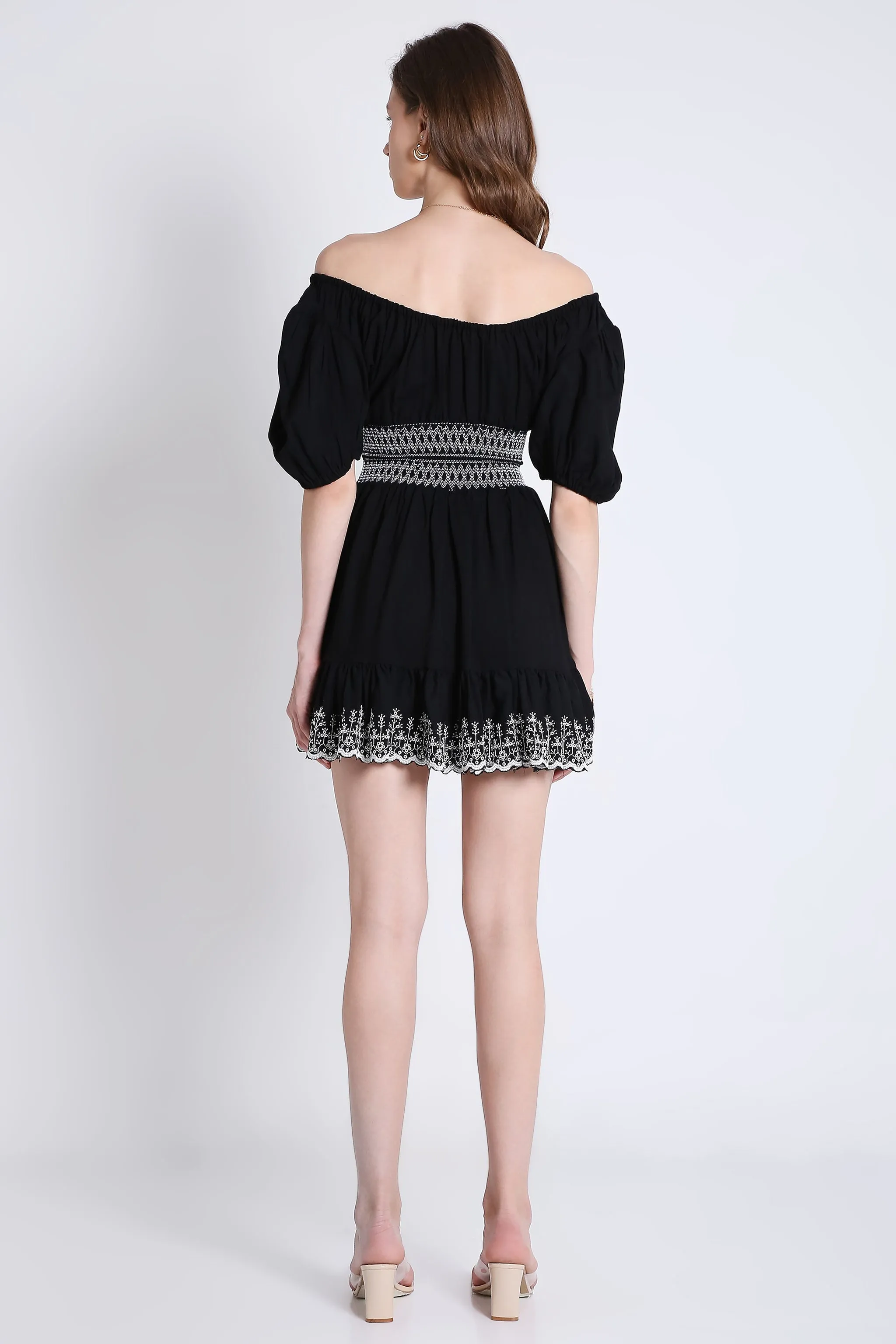 Peasant Neck Flared Short Dress with Contrast Embroidery Detail French Theory