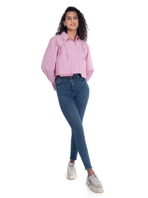 Pink Crop Shirt: Striped Oversized Crop Top with Suspender Detail French Theory