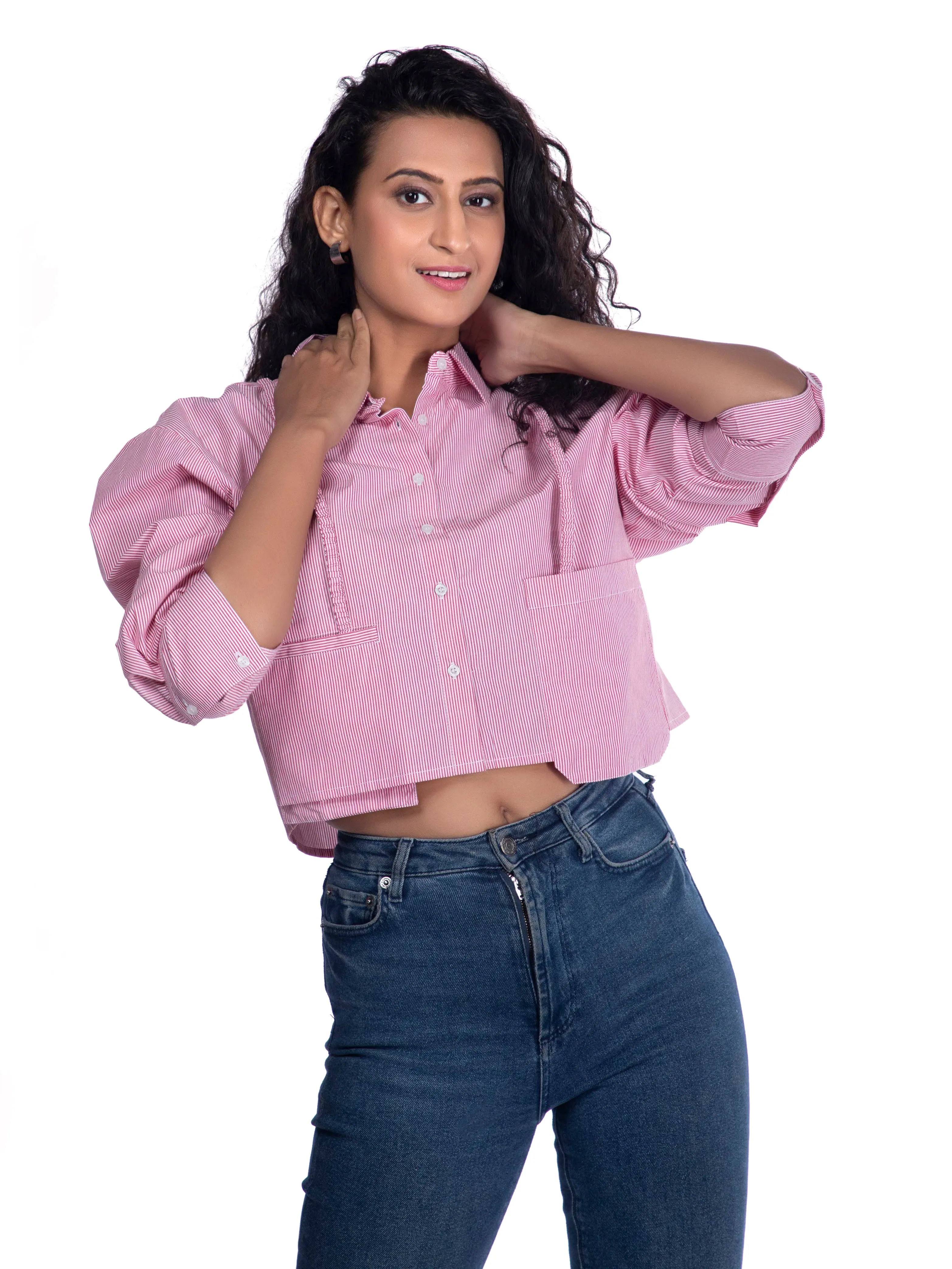 Pink Crop Shirt: Striped Oversized Crop Top with Suspender Detail French Theory