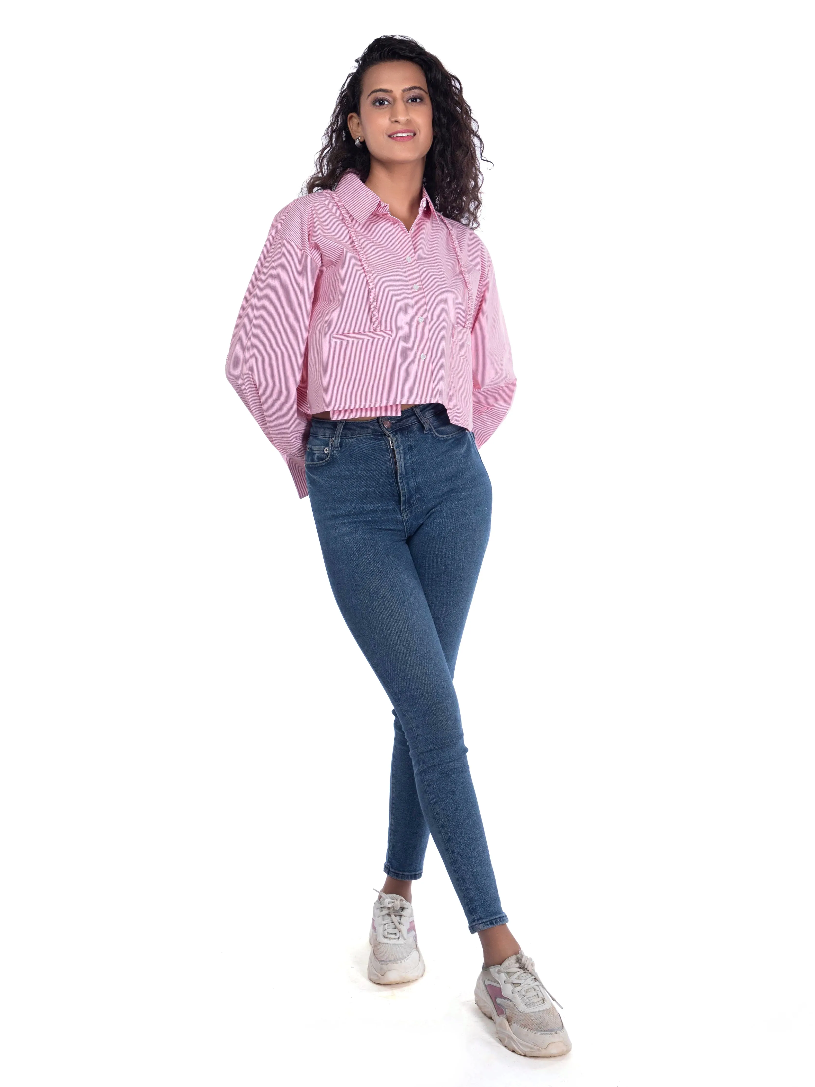 Pink Crop Shirt: Striped Oversized Crop Top with Suspender Detail French Theory