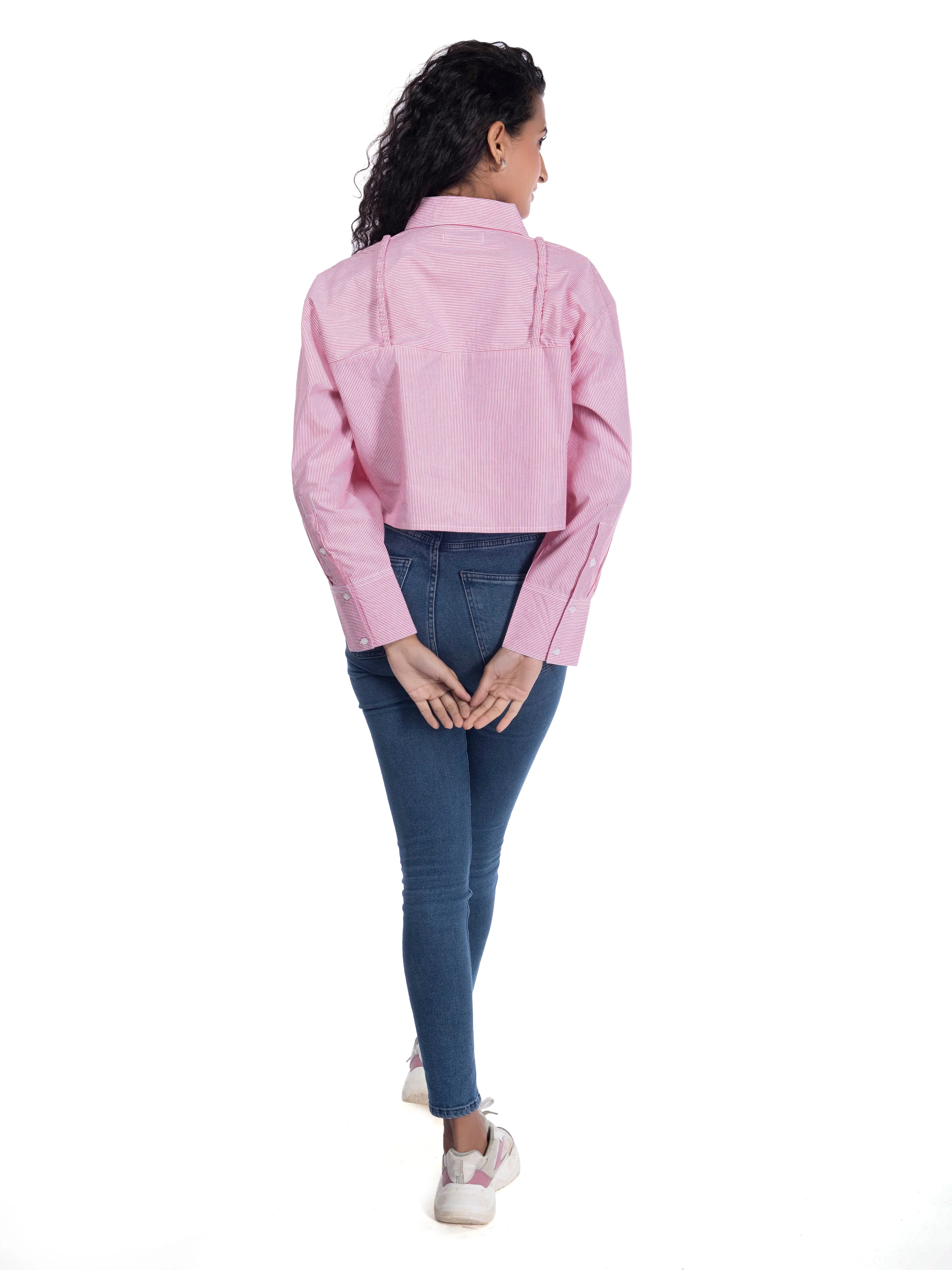 Pink Crop Shirt: Striped Oversized Crop Top with Suspender Detail French Theory